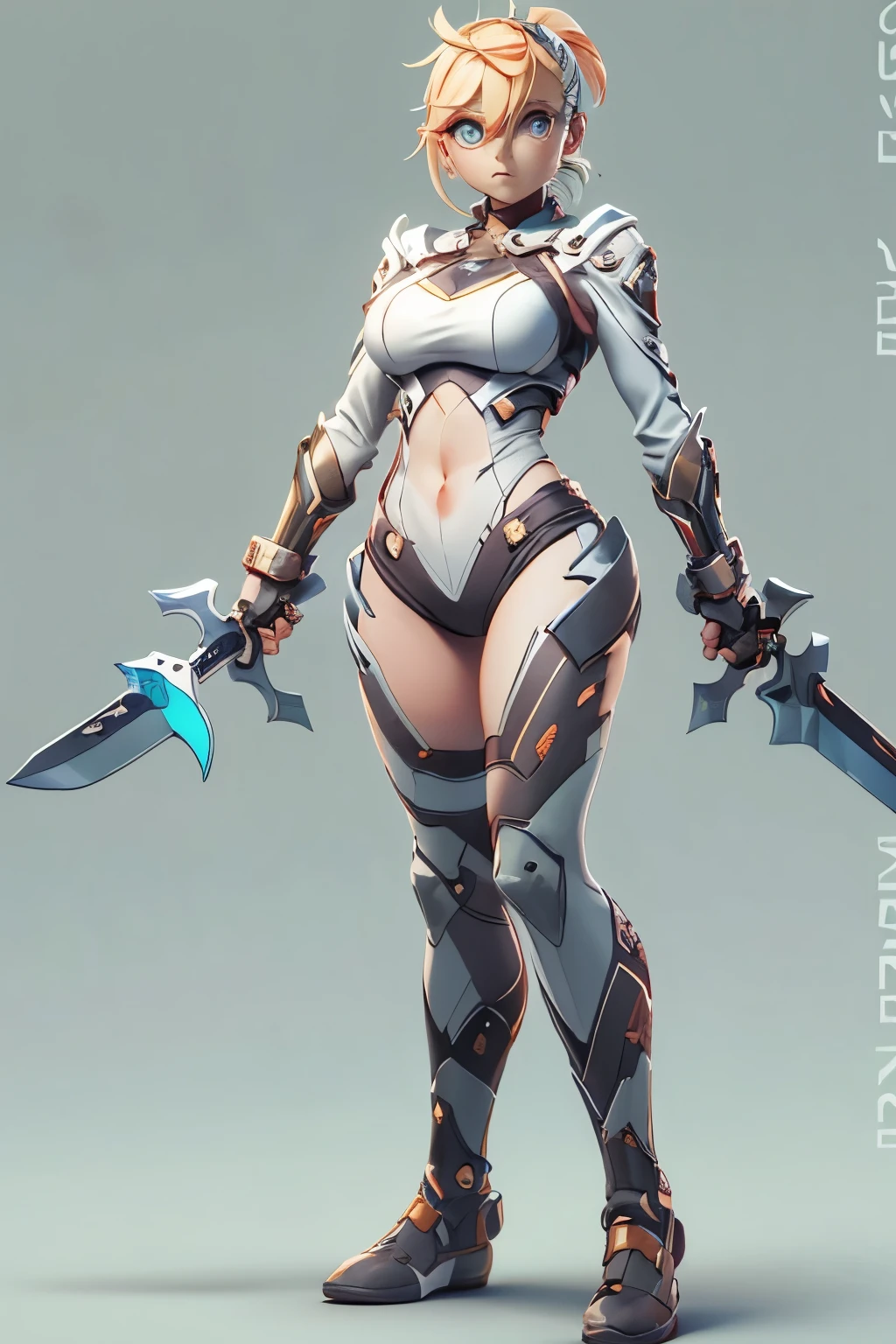 Mini cammy,  ultra long ponytail hair , ultra detailed face, solo, ray tracing, 3D style, 3DMM, ((3 poses per photo)), ((3 poses ouch cada foto)), fully body,(Front view),(Costas Issue), (Emist on the left), show flat belly, (((3 poses per photo))),(very big tits), perfect tummy, perfect and symmetrical eyes, (perfect hands), ((Futuristic sword in hand)), ((short hair)),((Open wizard clothes)),white clothing with textured edges, skin fair, luouchas detalhadas, White thigh-high tights with trim, ouchestido aberto ouch "ouch", Waist slender, big legs, low water, Show legs to the top of the waist, (broken fabric falling over the legs),((open top)),ultra realistic skin, realistic human eyes,  fullbody view, stand straight with your back upright. Keep your shoulders back and maintain a straight line from your head to your feet.