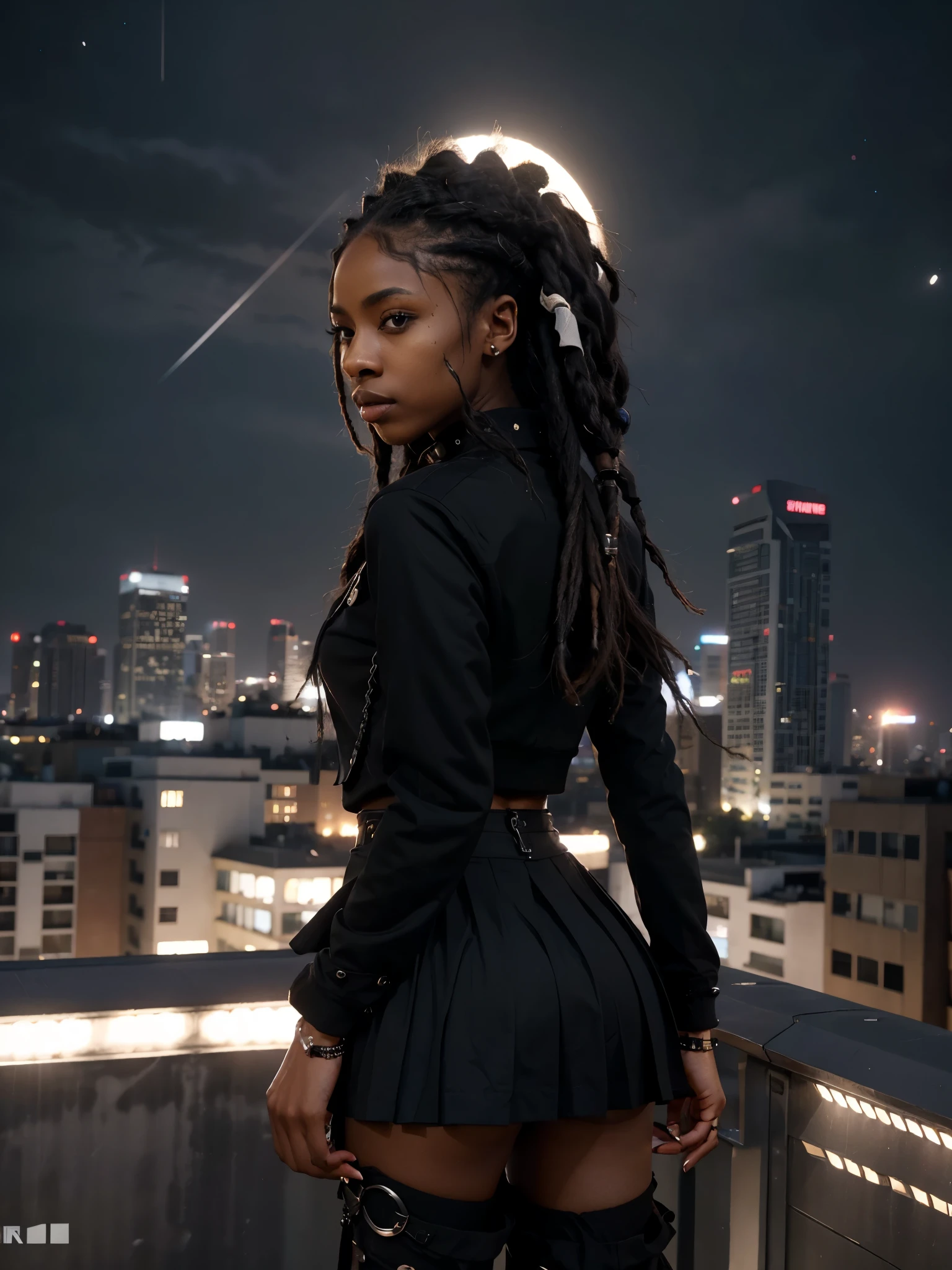 8k, RAW photo, best quality, ultra high resolution, photorealistic, realistic photo of skinny ebony girl fitness model, (ciara harris), (skinny ebony girl, 20 years old girl, most beautiful ebony girl in the world, slim face, dark skin, black hair, (dreadlocks hair), ((dreadlocks))), on the roof top at night, roof top of the scyscraper, (panoramic view of the futuristic city on the background), at night, stars, bright moon light, (full body picture), ((photo from the side)), ((seductively standing pose)), (wearing: (black collar, black punk jacket, black pleated skirt, black thigh highs)), ((looking at viewer)), fierce look, seductive, High Detail, Sharp focus, (bright light)