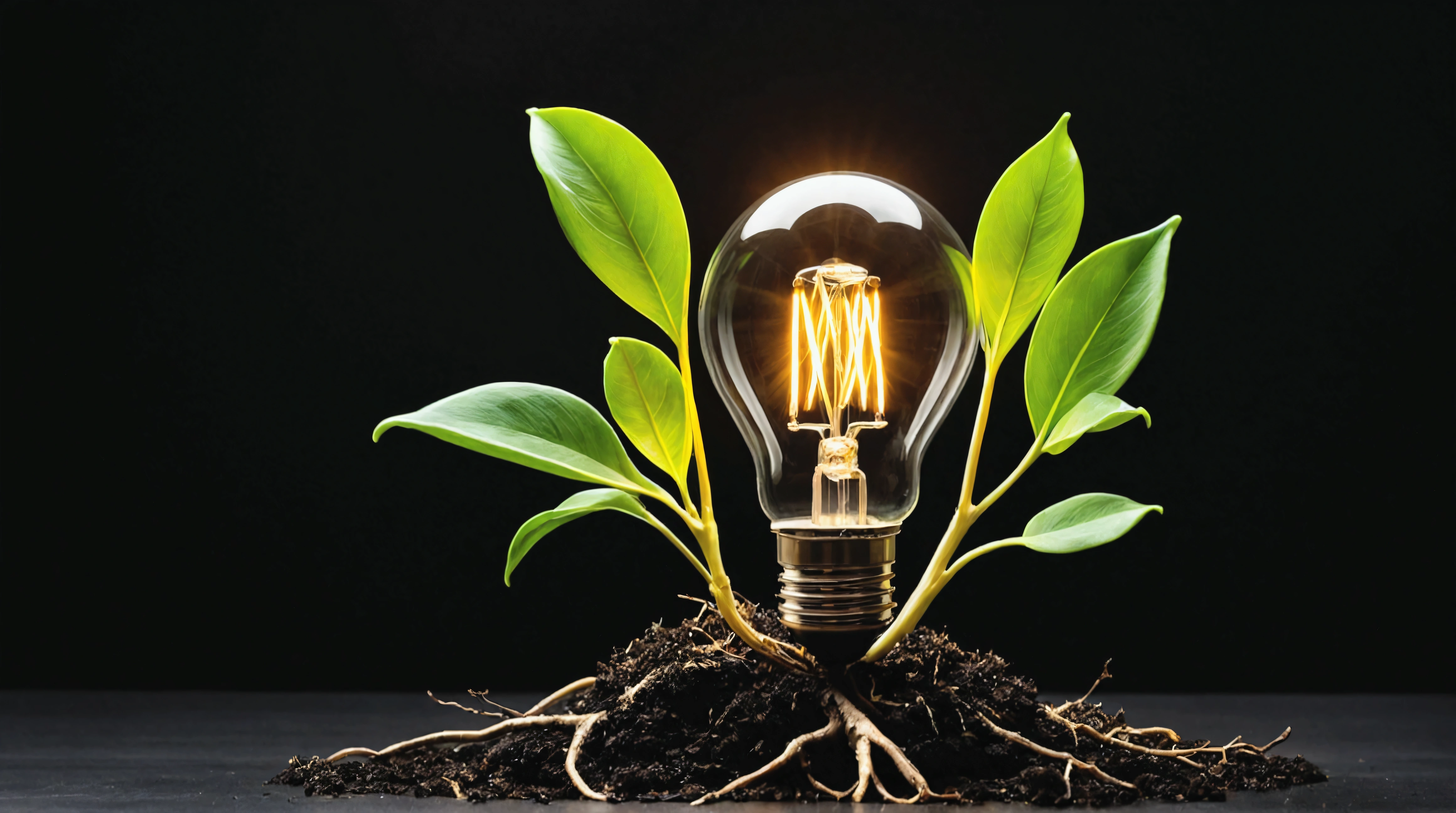 Background of green leaves and some blurred roots, and a single main image of a not-so-bright yellow light bulb in the center, Inside this bulb a beautiful plant seedling,Environmental friendly,energy,black background