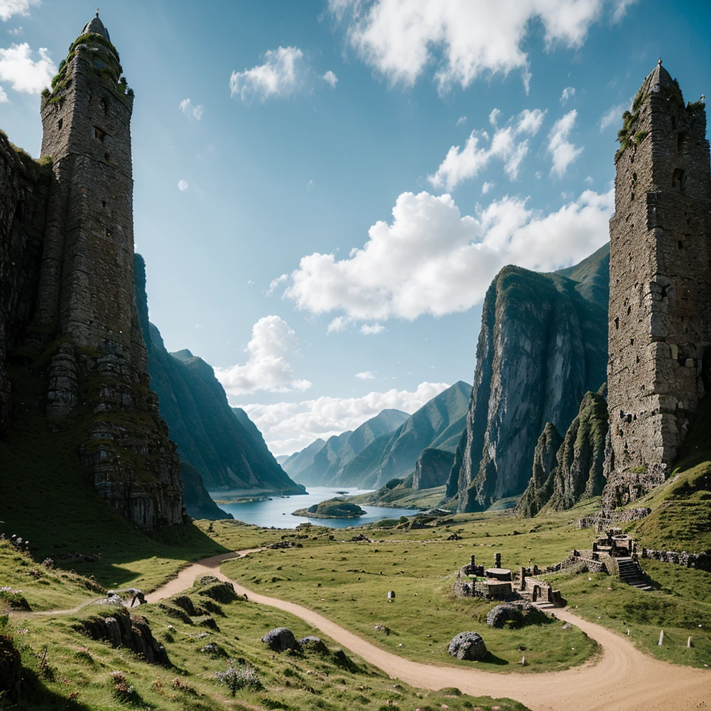 create a realistic image of Eldoria, a planet with five kingdoms: ten mens, Elfo, dwarf, dragon and fairy