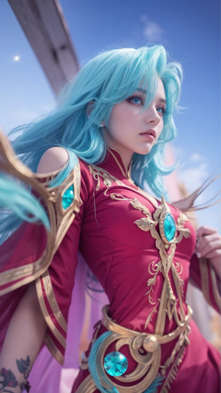 Realistic, High Quality.
Blue hair girl, European Girl, 22 years old, very beautiful girl, alluring, Downturned eyes, red dress, astral vibe. Gaze away.