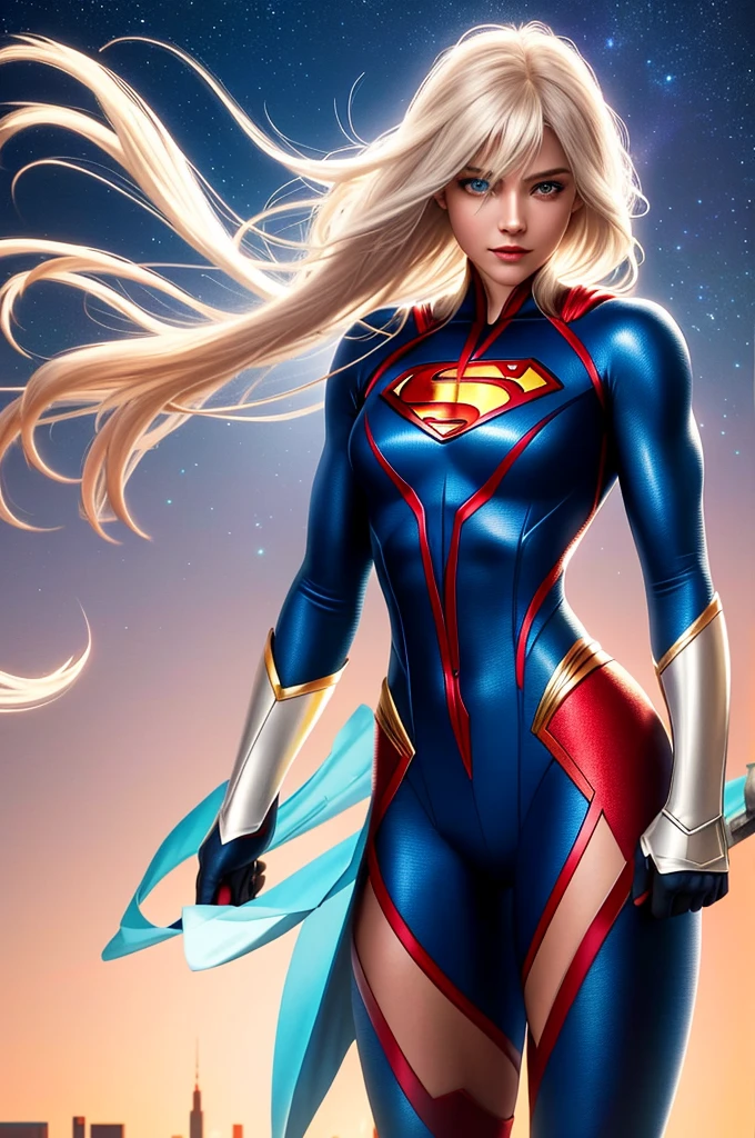 Superman female version.
Young woman dressed in tights, Short bob style hair, blue eyes,
- Entirely white and red fitted suit - suit that enhances female anatomy, 
- Standing, with a firm and confident posture, big hips, big buttocks, small waist, big chest, flying over a city with a determined look.
- In a sensual pose, ready for action, with one arm extended and the other flexed.
- Sensual and mischievous look, transmitting lust .
- A soft but confident smile can add warmth and bring the character closer.
- A cosmic scene with planets and stars, showing your connection to the universe.
- A night landscape,
- Soft, warm light that highlights the textures and details of the suit.
- Shadows that accentuate the muscles and figure, creating a dramatic contrast.
- Light effects that suggest energy and power emanating from the character.
- Hair blowing in the wind, adding dynamism.
- Visual effects such as flashes of light or auras that enhance your power.
- Add moving elements, like hair, to give life and energy to the image.
