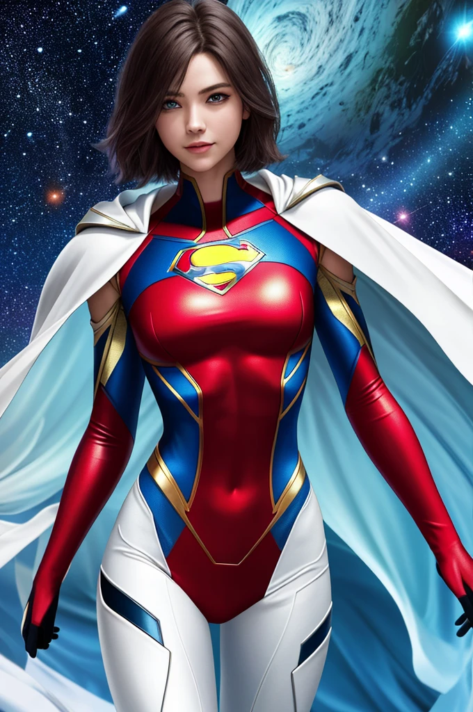 Superman female version.
Young woman dressed in tights, Short bob style hair, blue eyes,
- Entirely white and red fitted suit - suit that enhances female anatomy,
- Standing, with a firm and confident posture, big hips, big buttocks, small waist, big chest, flying over a city with a determined look.
- In a sensual pose, ready for action, with one arm extended and the other flexed.
- Sensual and mischievous look, transmitting lust .
- A soft but confident smile can add warmth and bring the character closer.
- A cosmic scene with planets and stars, showing your connection to the universe.
- A night landscape,
- Soft, warm light that highlights the textures and details of the suit.
- Shadows that accentuate the muscles and figure, creating a dramatic contrast.
- Light effects that suggest energy and power emanating from the character.
- Hair blowing in the wind, adding dynamism.
- Visual effects such as flashes of light or auras that enhance your power.
- Add moving elements, like hair, to give life and energy to the image.