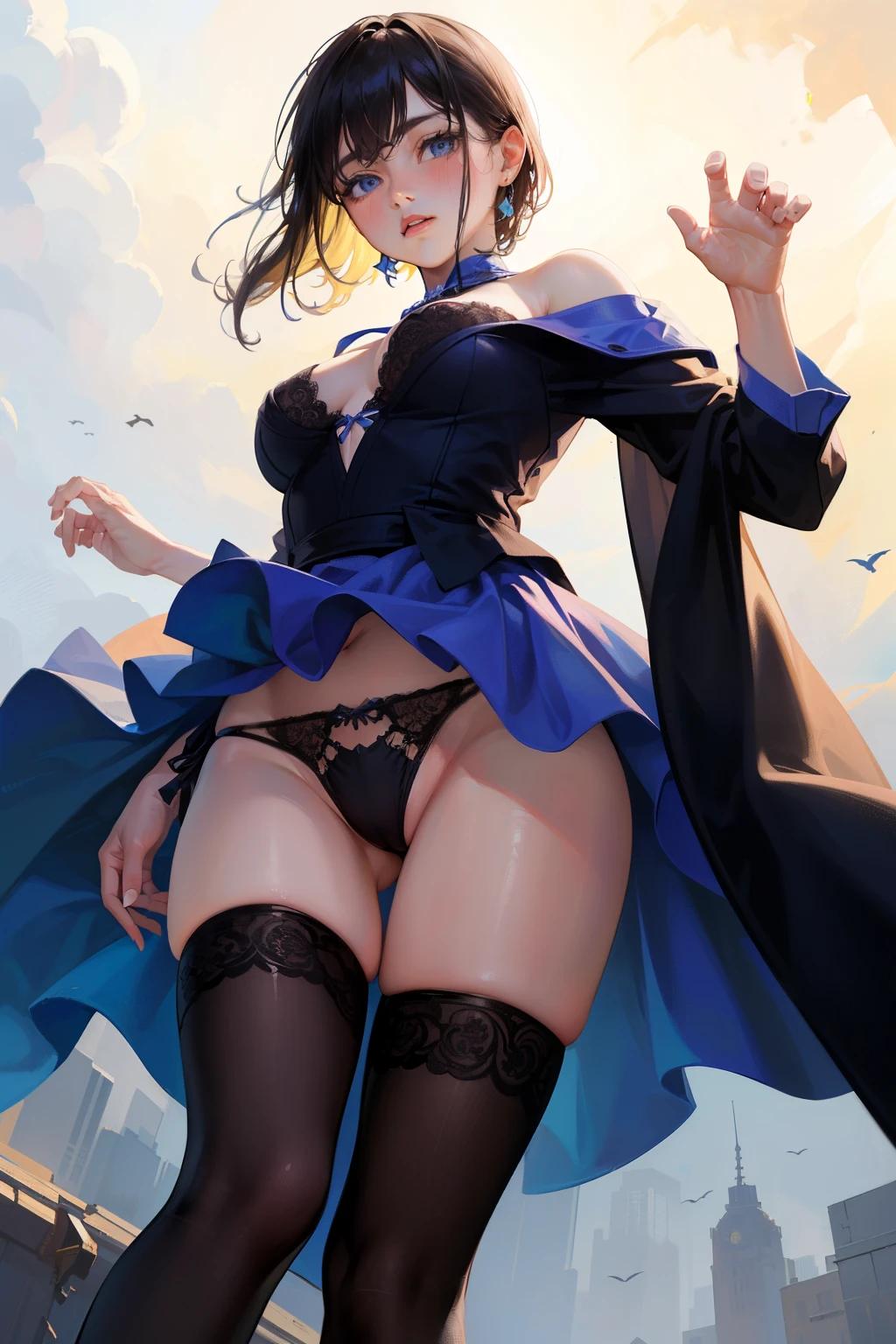 (((software))), (1.woman, alone), German woman, Looking down at the viewer, ((From below:1.5)), 8k, ((Tabletop)),(((Highest quality))),((Very detailedなed)),((((Realistic)))), Realistic:1.37, (Ultra-realistic), (Raise awareness), (High resolution), (Very detailed), (The best Raise awarenessns), (Very detailedな), (wallpaper), (Detailed face), (Beautiful expression), ((Highest qualityのスキンの詳細:1.2)), ((Moisturizing the skin)), ((Reddish blush)), (Very Detailed Background, Detailed Background)、light blue off shoulder sequin dress、Long dresses、((Black lace panties peeking out from under the skirt)）、Black lace see-through half stockings、blue eyes、Ample cleavage、((Petite woman))、(Slender body)、(Center of chest)、(small, difficult, Round ass)、Perfect hands, Perfect Fingers, Thighs Thighs Thighs Thighs, that&#39;that&#39;that&#39;s right, Perfect body, Perfect Face, Perfect Image Realism, (A face out of breath with eyes closed),(((Put your hand in your panties))), (( Masturbating by touching the vagina with your fingers)), (((Sit crouched))), Between the legs
