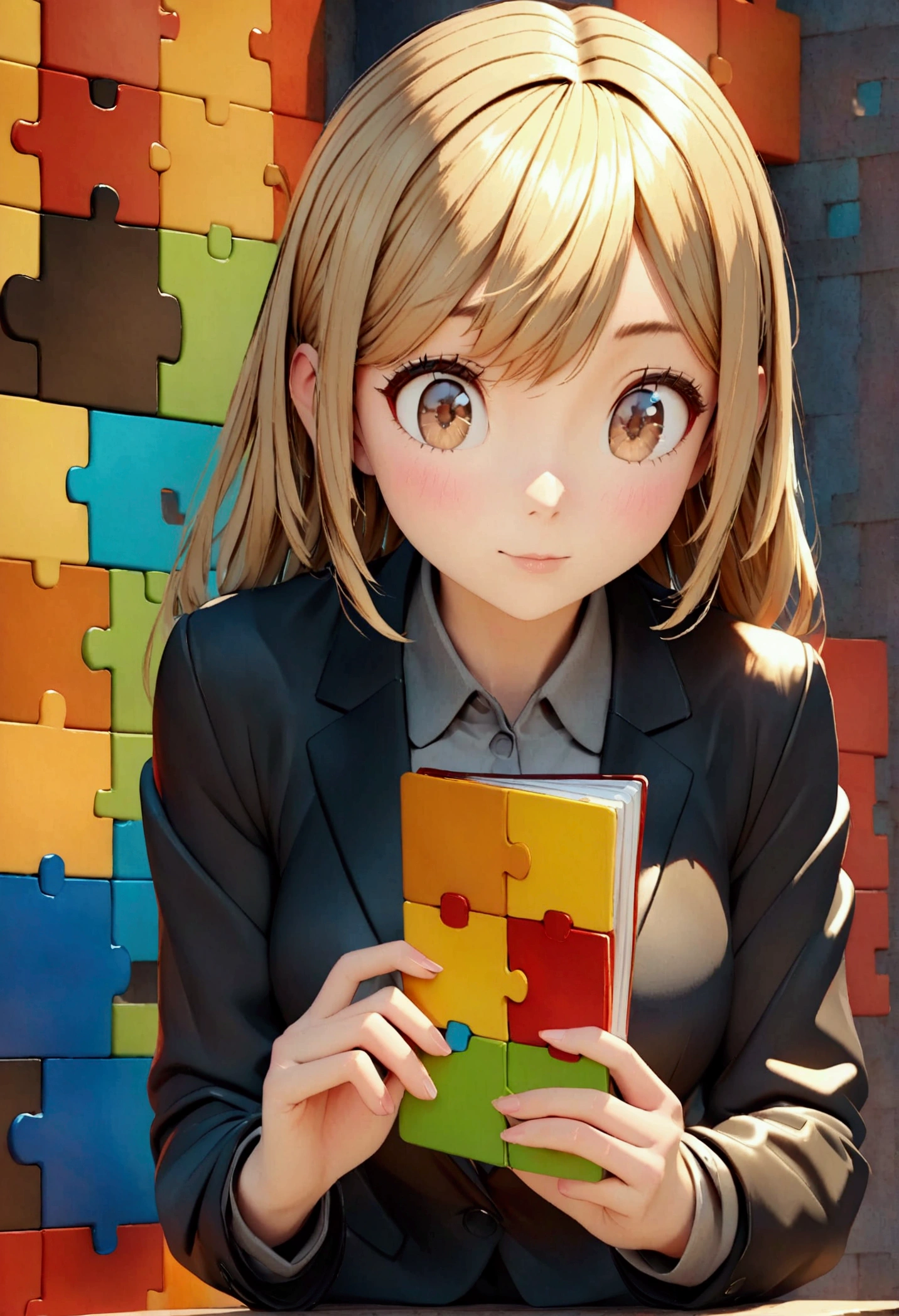 3D Pixar style poster. woman with light skin, very straight dark blonde HAIR, light brown eyes, black blazer, black jeans, gray shirt, white sneakers, notebook in hand, BACKGROUND WITH RED, blue, green and yellow PUZZLE.