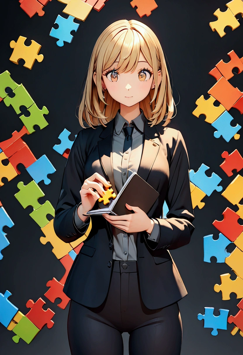 3D Pixar style poster. woman with light skin, very straight dark blonde HAIR, light brown eyes, black blazer, black jeans, gray shirt, white sneakers, notebook in hand, BACKGROUND WITH RED, blue, green and yellow PUZZLE.