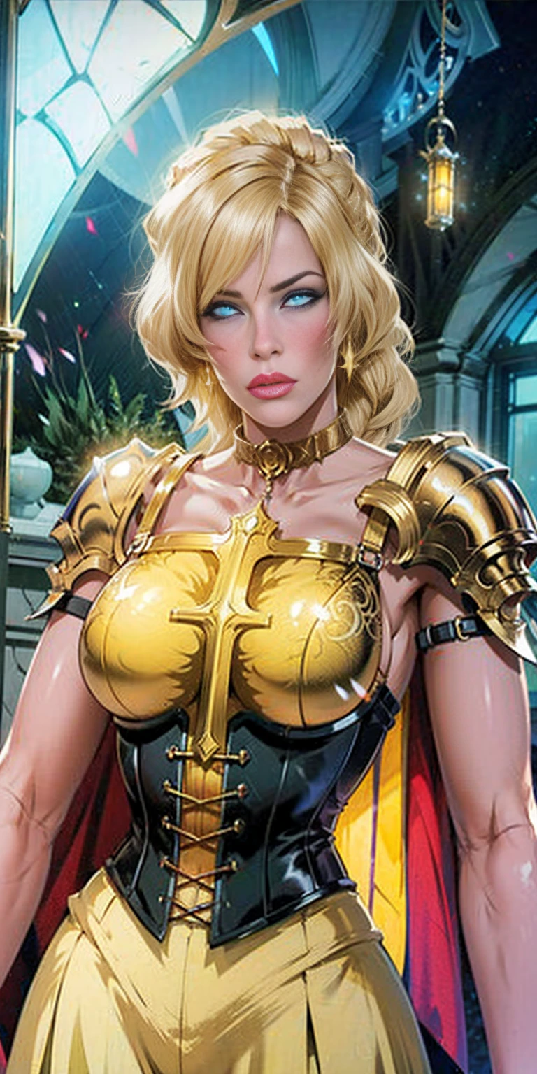 upper body of paladin lady in ornate golden armor, black collar, pauldrons, breastplate, corset, glowing halo, single braid, blonde, yellow glowing eyes, bright pupils, eye focus, red cape, temple indoors, stained glass windows, night, moonlight, particles, light beam, chromatic aberration