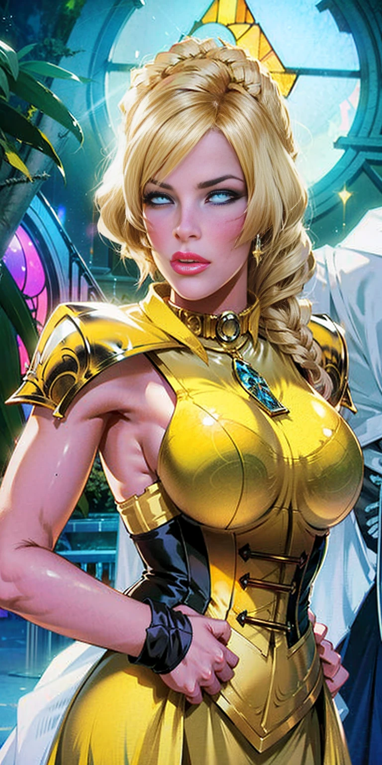 upper body of paladin lady in ornate golden armor, black collar, pauldrons, breastplate, corset, glowing halo, single braid, blonde, yellow glowing eyes, bright pupils, eye focus, red cape, temple indoors, stained glass windows, night, moonlight, particles, light beam, chromatic aberration