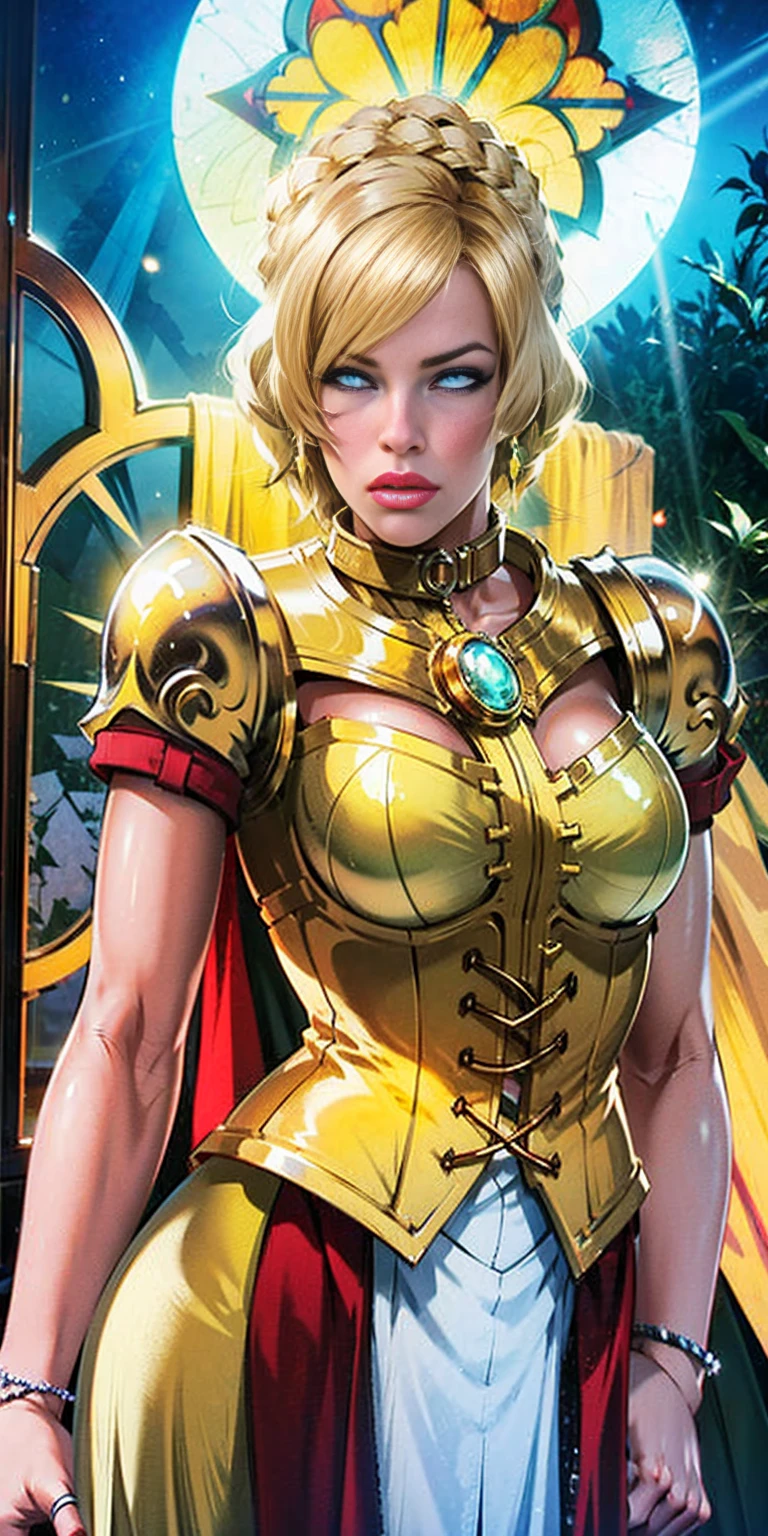 upper body of paladin lady in ornate golden armor, black collar, pauldrons, breastplate, corset, glowing halo, single braid, blonde, yellow glowing eyes, bright pupils, eye focus, red cape, temple indoors, stained glass windows, night, moonlight, particles, light beam, chromatic aberration