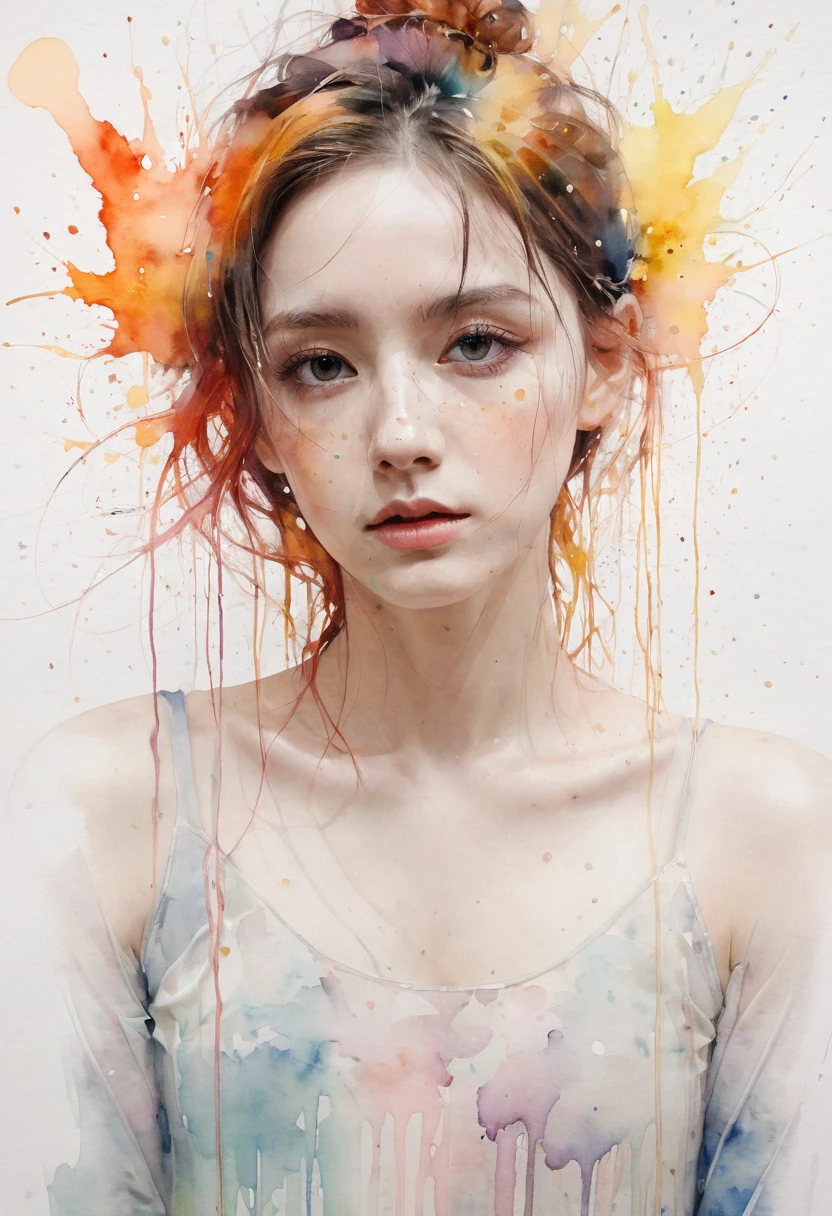 1 Girl, A painting by mse,a woman by agnes cecile, Luminous design, Soft colors, Ink drops, Autumn Lights