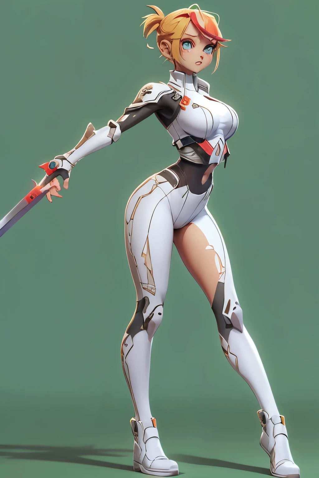 Mini cammy, ultra long ponytail hair , ultra detailed face, solo, ray tracing, 3D style, 3DMM, ((3 poses per photo)), ((3 poses ouch cada foto)), fully body,(Front view),(Costas Issue), (Emist on the left), show flat belly, (((3 poses per photo))),(very big tits), perfect tummy, perfect and symmetrical eyes, (perfect hands), ((Futuristic sword in hand)), ((short hair)),((Open wizard clothes)),white clothing with textured edges, skin fair, luouchas detalhadas, White thigh-high tights with trim, ouchestido aberto ouch "ouch", Waist slender, big legs, low water, Show legs to the top of the waist, (broken fabric falling over the legs),((open top)),ultra realistic skin, realistic human eyes, fullbody view, stand straight with your back upright. Keep your shoulders back and maintain a straight line from your head to your feet.