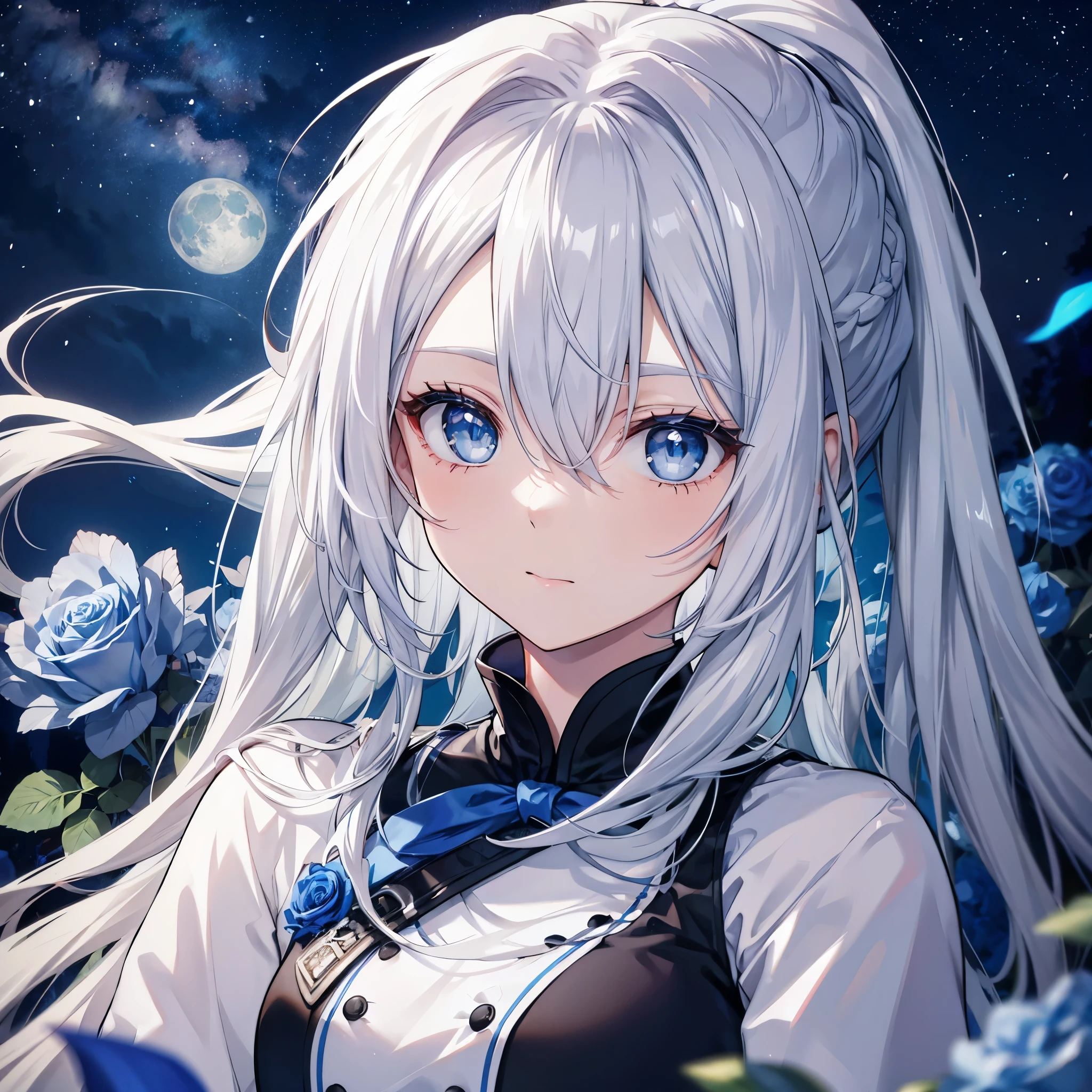 ((((Gray Hair、ponytail、Long Hair 1 person Blue eyes、Shine Pure white skin Smooth skin)))) (((Adult women、slender Kind Face With blue roses Blue and white))) ((Big Moon、night milky way)) (Shine背景 白くShine縁)