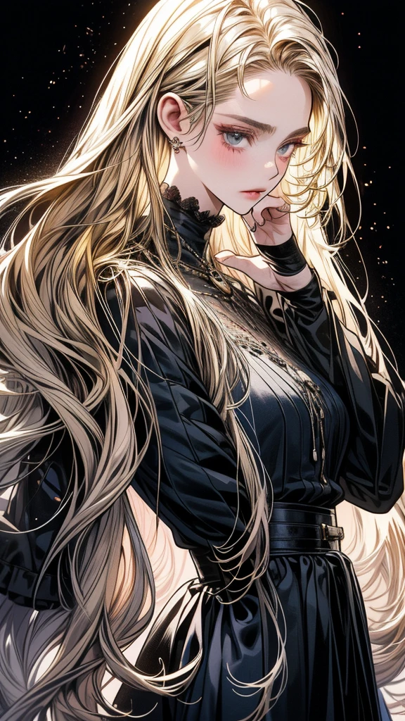 One Beautiful girl、unique long hairstyle 、blonde hair color , emerald eyes、small face、anime makeup、"A girl with a cute and androgynous face"、white skin、cute eyes、Very thin eyebrows、tall、stylish black luxury fashion、stylish outfits 、、19 years old、British girl、Has a languid look、anger、Lower the corners of your mouth with no expression on your face、Photographed from the side diagonally、model photoshoot、masterpiece、highest quality、high resolution、luxurious 、glaring expression、korean makeup 、Cool photos、blurred black filter, black suit , arms tattoos、Various poses、rich , handsome girl, an expression of despair, lifeless eyes , cruch