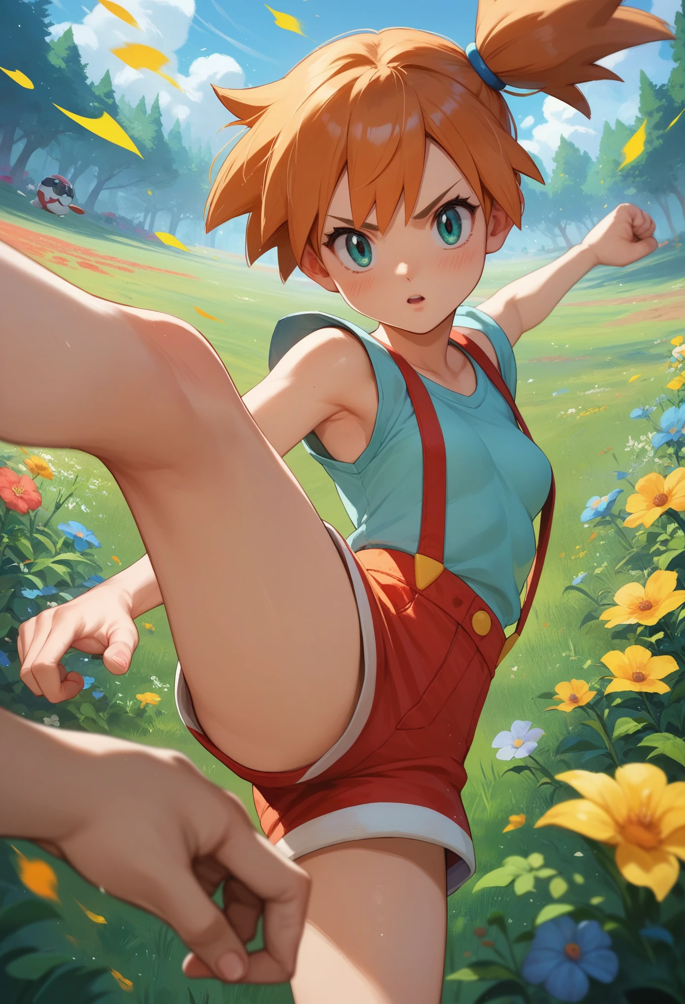 score_9, score_8_up, score_7_up, pks,pokemon, misty, small breasts, ,Red Suspenders grass, flowers, official art, kicking, kicking at viewer,pov,hand