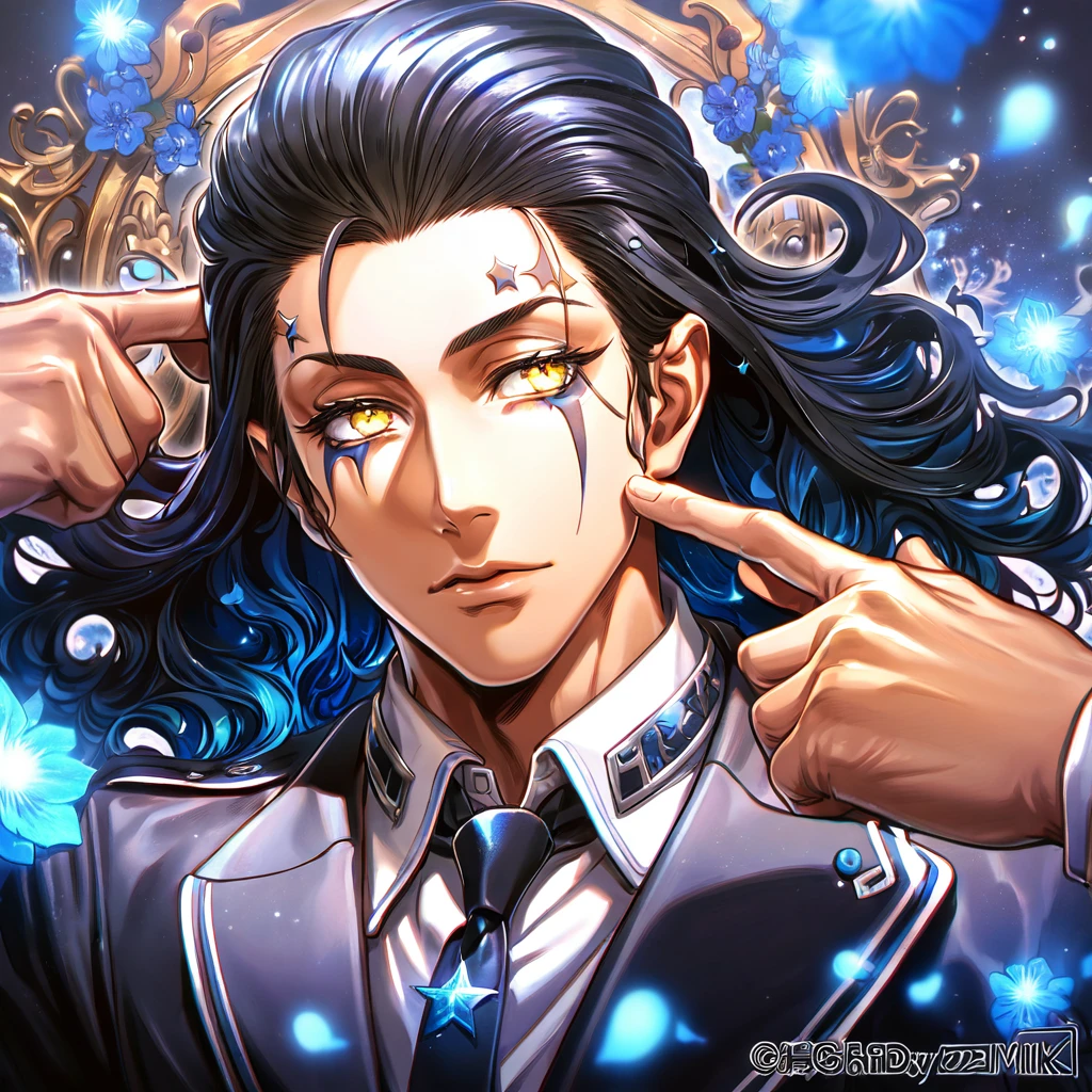 absurdres, highres, ultra detailed, HDR, master piece, Tiky Mikk, dark hair, slicked back hair, wavy hair, expressive yellow eyes, tanned skin, black jacket, white shirt, black necktie, white gloves, mole under his eye, D.Gray-Man, sexy man, handsome, best quality, blue flowers, fantasy, solo, blue shining fireflies, blue petals, sensual, starry sky, shining, blue blossoms