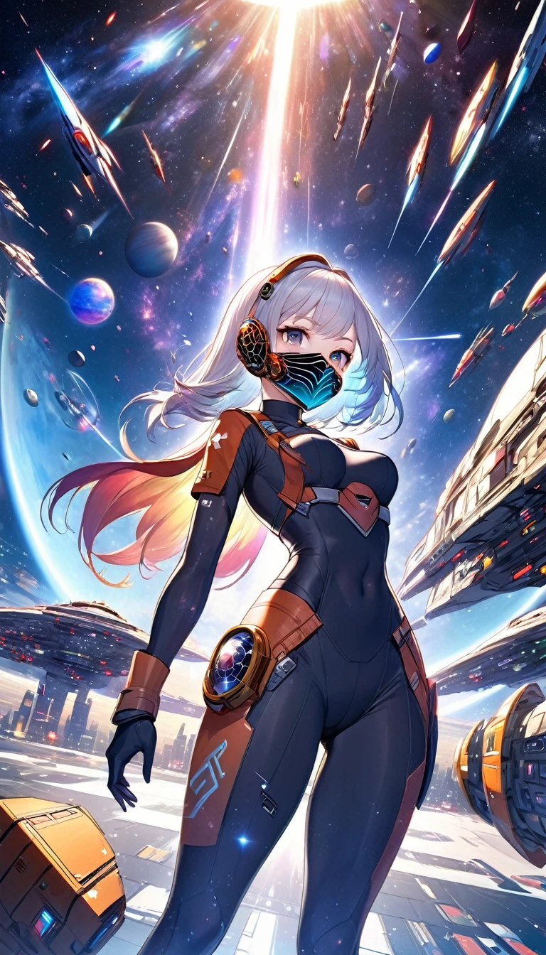 beautiful space squadron girl, beautiful face hidden behind a cool, flashy metal-plated mask, covered in tattoos, great proportion, tight fitting combat uniform, background destroyed space city, galaxy, iridescent cosmic rays, 2.5D, delicate and dynamic, art