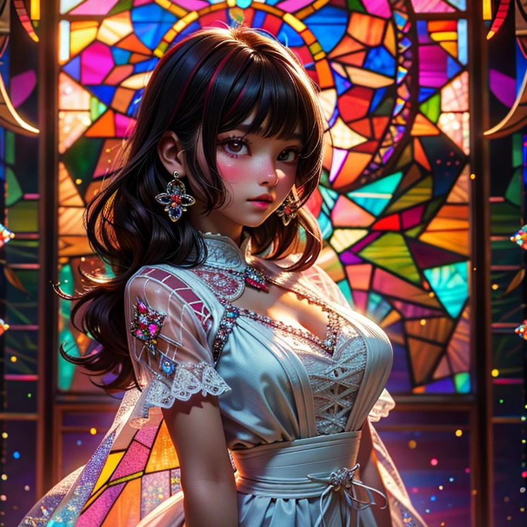 SFW, concept art, Tiny junior idol, (Detailed Delicate lace knitted white clothes), (nipple:-0.9), face closeup, (Elaborate stained glass Background:1.37), (((Renbutsu Misako), colorful Light shines through delicate stained glass:1.2, vivid red colors, Luminous Particles, light Particles))(Acutance:0.8). (ProfessionalPhoto:1.2),(ultra-detailed:1.37), (Extremely detailed KAWAII face variations, innocent expression variations), rosy cheeks, intricate detailed eyes with sparkling highlights, long eyelashes with volume, subtle blush on the face. Mystic sight, haze, Impeccable Radiant PearlSkin with Transparency, captivating gaze, ((Dynamic-angle)), whole Body proportions and all limbs are anatomically accurate . (Exposed:0.64)