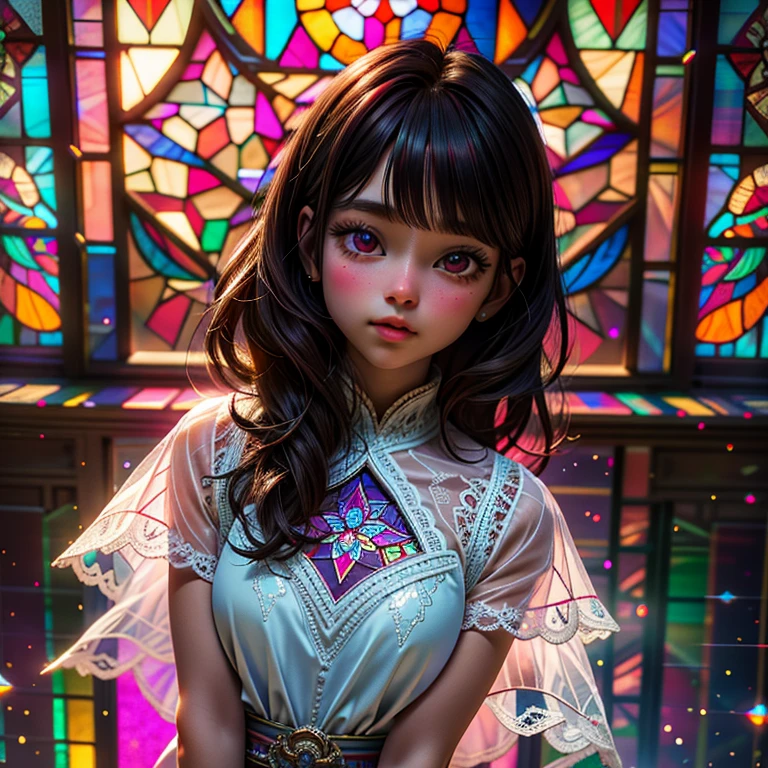 SFW, concept art, Tiny junior idol, (Detailed Delicate lace knitted white clothes), (nipple:-0.9), face closeup, (Elaborate stained glass Background:1.37), (((Renbutsu Misako), colorful Light shines through delicate stained glass:1.2, vivid red colors, Luminous Particles, light Particles))(Acutance:0.8). (ProfessionalPhoto:1.2),(ultra-detailed:1.37), (Extremely detailed KAWAII face variations, innocent expression variations), rosy cheeks, intricate detailed eyes with sparkling highlights, long eyelashes with volume, subtle blush on the face. Mystic sight, haze, Impeccable Radiant PearlSkin with Transparency, captivating gaze, ((Dynamic-angle)), whole Body proportions and all limbs are anatomically accurate . (Exposed:0.??)