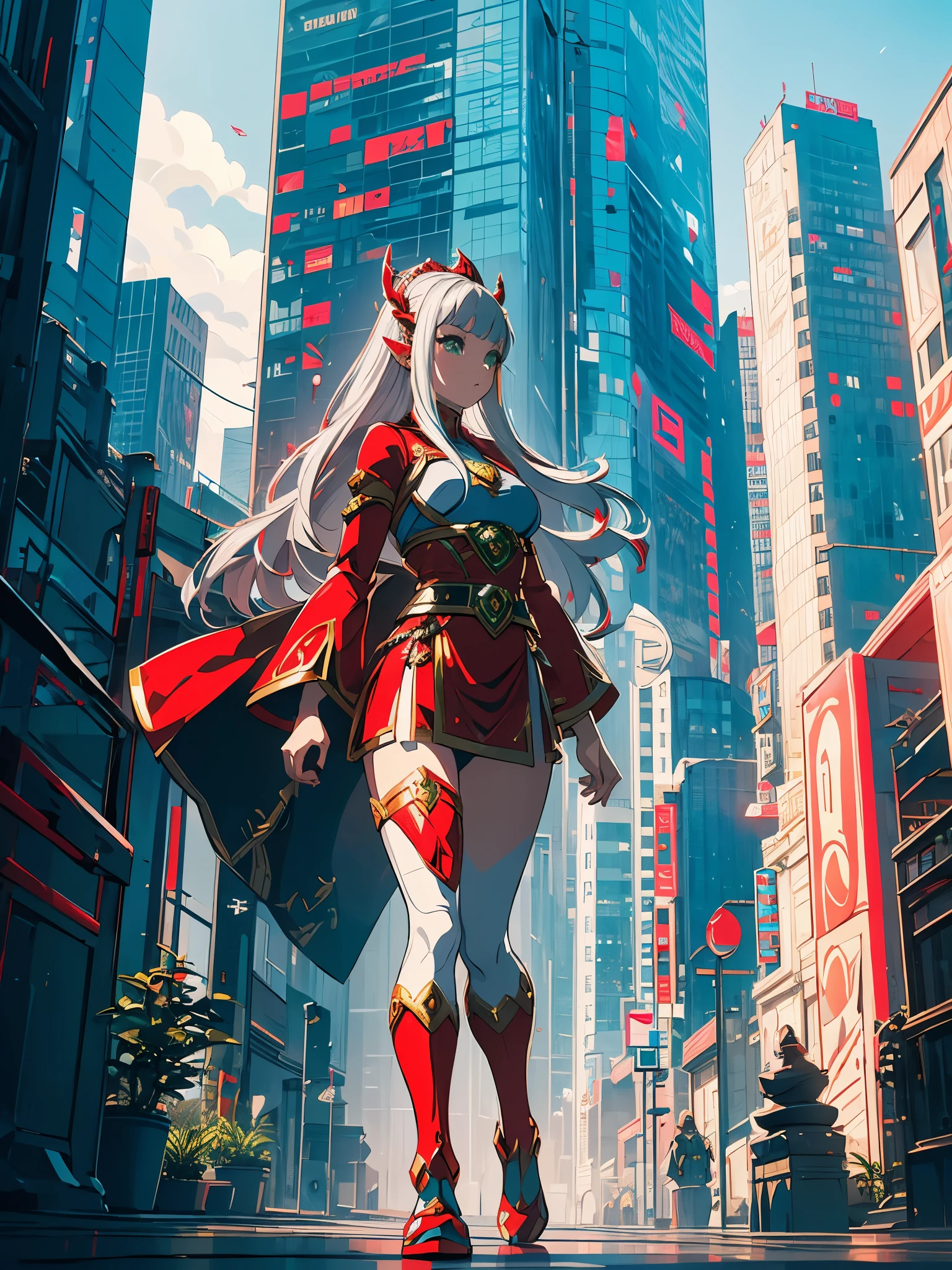 Full-body image, standing, Princess Zelda giant, (red and silver costume:1.5), as ultraman, immensely large breasts1, very tight bodysuit, heavy makeup on the face, light blue jewel on chest, helmet on head, red lipstick on the mouth, (she green eyes:1.5, hair blue:1.5), looking at the viewer from the front, she is in a futuristic city with several monsters attacking the buildings, tokusatsu, ultraman, anime styling, cinematic lighting, 16K, ultra HD, work of art, best qualityer, High details