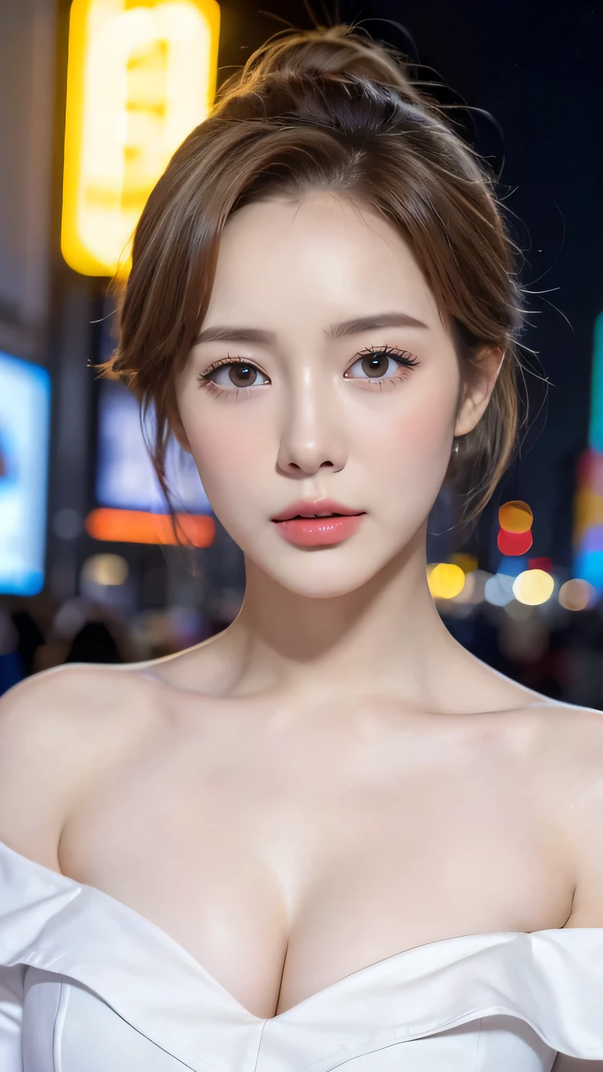 ((Night Scene, Realistic Light, Best Quality, 8k, Masterpiece: 1.3)), 1 Girl, Slim Body Beauty: 1.4, Blonde, Short Hair, (Big: 1.3), Off Shoulder Cut Top: 1.3, Ultra Detailed Face, Detailed Eyes, Double Eyelids, NYC, Times Square, Cleavage