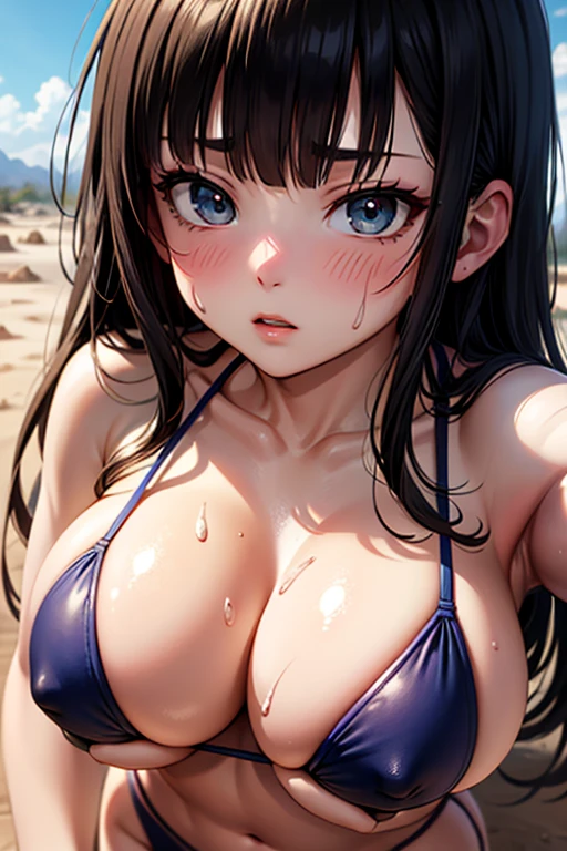 masterpiece, Highest quality,  Unreal Engine,  Super Resolution,  Very detailed, 

Beautiful woman, May, alone, blunt bangs, bangs, Long black hair, Vivid expression, Healthy Body, Beautifully detailed sweat glands, Smooth skin texture, Carefully drawn, Fancy Rubber Bikini,  

(humidity:1.2), Beautiful Eyes, (Attractive face:1.2), (Beautiful Skin), (Big Breasts), Puffy nipples, (Sticky with sweat), In a dynamic pose,

In the world of Dragon Ball, Outdoor, In a desert oasis