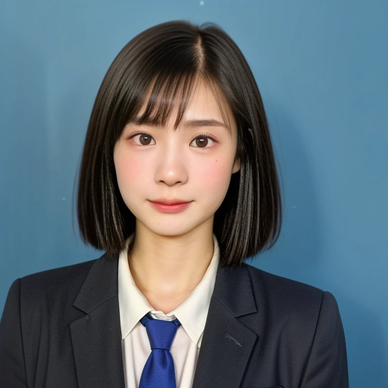 (kawaii 18 year-old Japanese girl, Nogizaka idol, Korean idol, highschool student), healthy female athlete body, (glossy black hair, very short hair, pixie cut, bangs:1.3), (rounded face, single eyelid, no makeup, serious expression:1.2), (wearing suit jacket, collared shirt, necktie:1.3), extra small breasts, (looking at viewer:1.2), BREAK, (simple blue background, yearbook background:1.3), (portrait, id photo, bust shot, view from vertically straight forward:1.3), BREAK, (masterpiece, best quality, photo realistic, official art:1.4), (UHD, 8K quality wallpaper, high resolution, raw photo, golden ratio:1.3), (shiny skin), professional lighting, physically based rendering, award winning, (highly detailed skin, extremely detailed face and eyes), Carl Zeiss 85 mm F/1.4, depth of field, 1girl, solo,