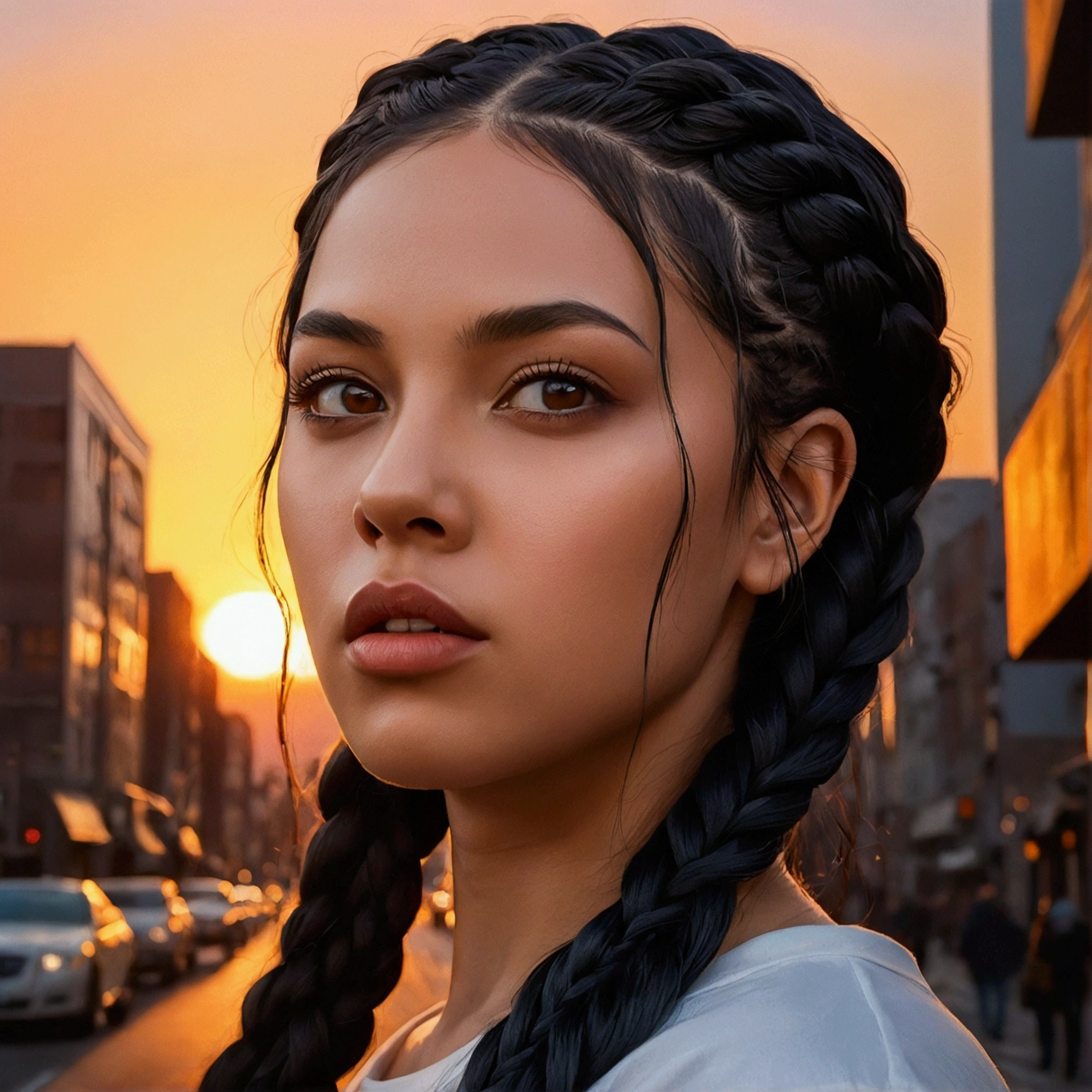 low angle)(woman), sunset in the city (black hair with long braids) (loud and menacing), (oil painting)(detailed face, eyes and lips), (strong lighting), (best quality, high resolution , masterpiece: 1.2), (ultra-detailed) (realistic: 1.37), (professional), (vivid colors),