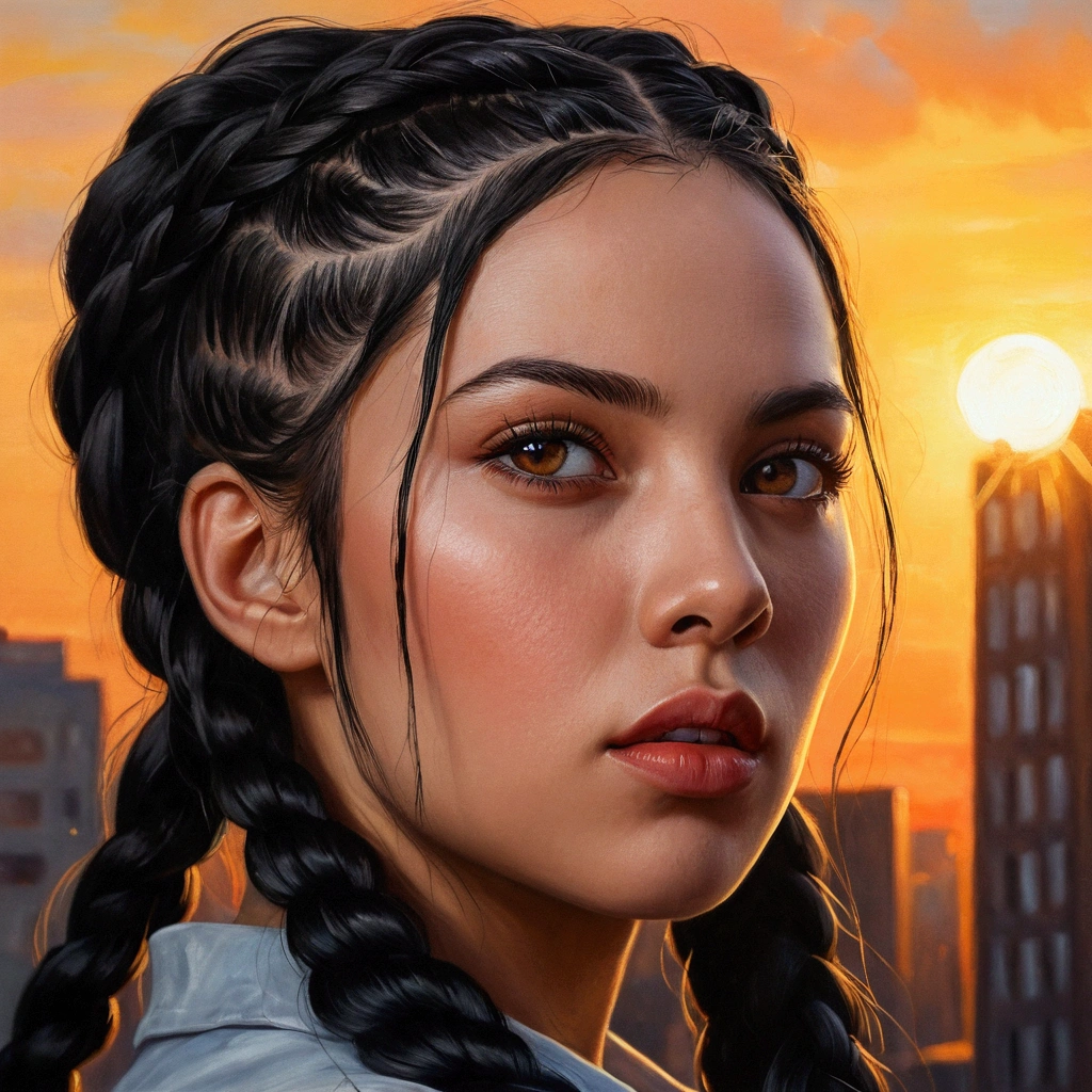 low angle)(woman), sunset in the city (black hair with long braids) (loud and menacing), (oil painting)(detailed face, eyes and lips), (strong lighting), (best quality, high resolution , masterpiece: 1.2), (ultra-detailed) (realistic: 1.37), (professional), (vivid colors),