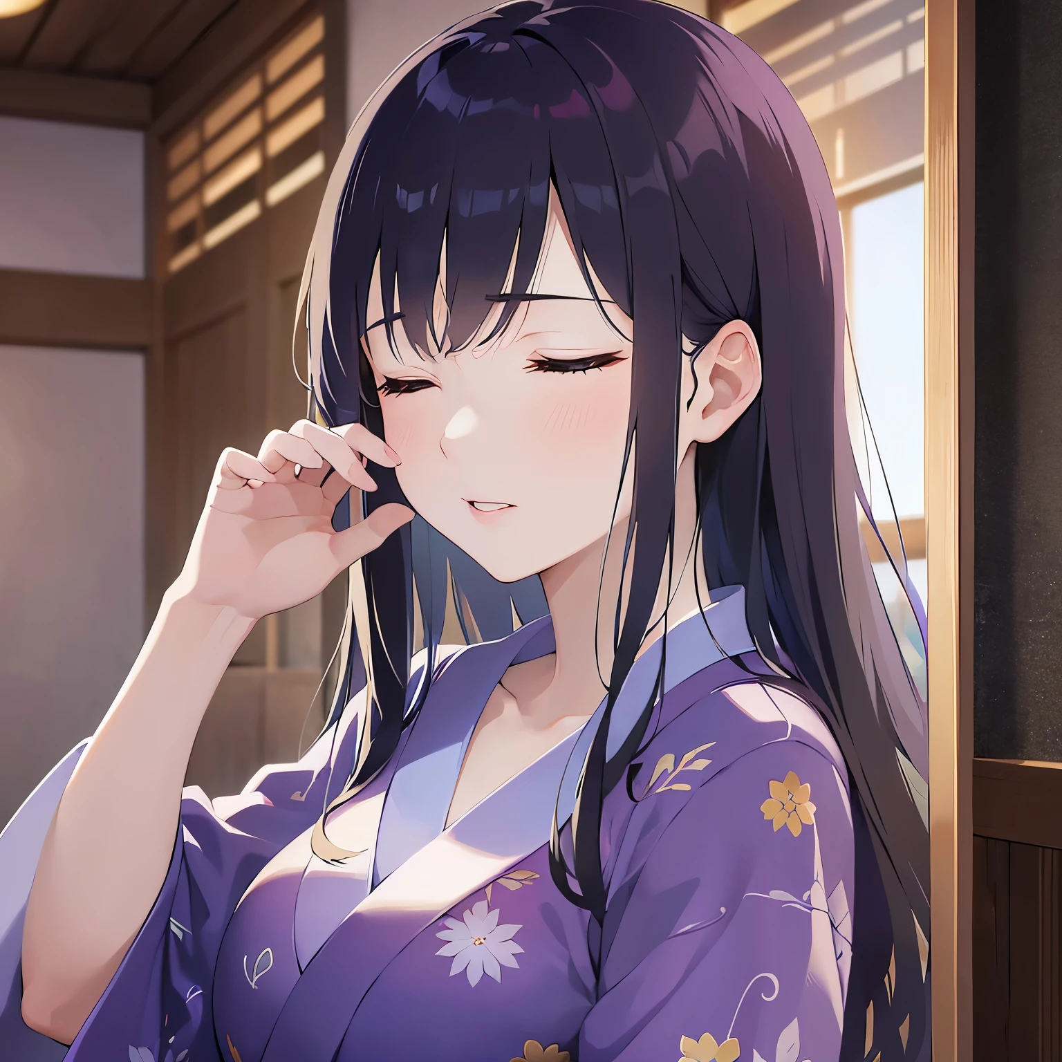 (closed eyes:1.5),side ungle,Upper Body,(Placing a hand on wall:1.5)、
Realistic, real person, (pale skin: 1.2), RAW photo, photorealistic, shiny skin, shiny hair、
(A 25-year-old woman with straight hair and bangs) and (medium hair) and (black hair) , (Purple yukata),bitter、背景はnightの日本の旅館の廊下,night,indoor