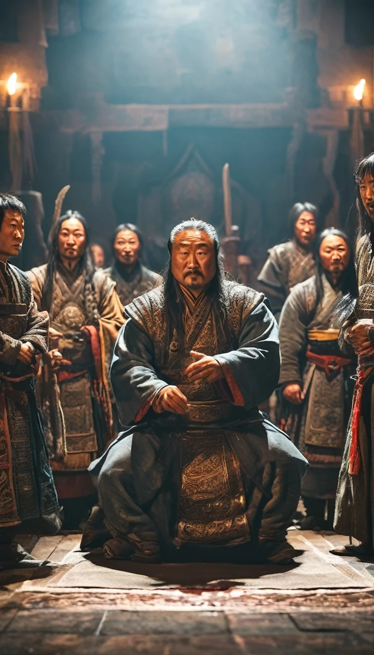 Temujin being declared Genghis Khan by his followers, symbolizing his leadership over the Mongol tribes, darkness background, hyperrealisti, ultra detailed hyperrealisti, photorrealistic, studio lighting, Reflections, dynamic pose, cinematic, color grading, fot, Shot with a 50mm lens, ultra-wide angle, Depth of field, 超detailded, beautifully color-graded, 8k