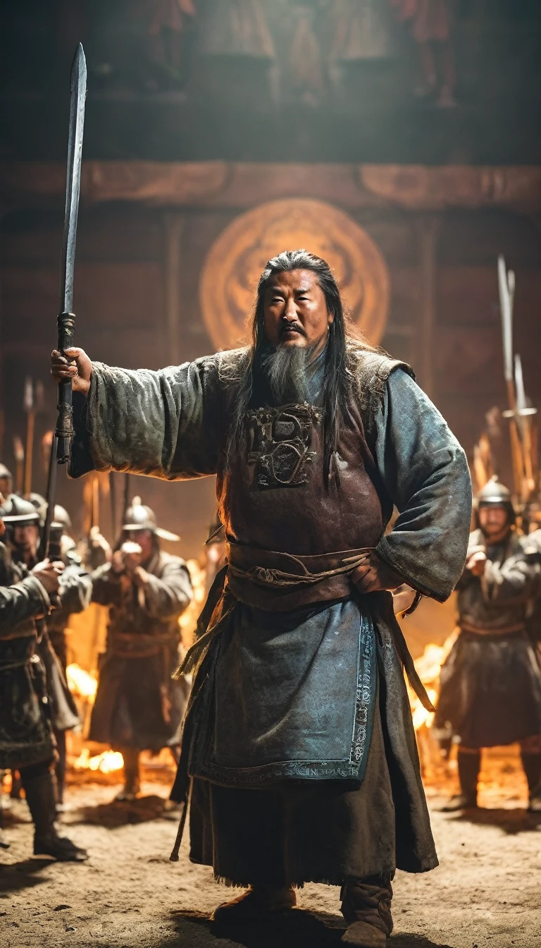 Temujin being declared Genghis Khan by his followers, symbolizing his leadership over the Mongol tribes, darkness background, hyperrealisti, ultra detailed hyperrealisti, photorrealistic, studio lighting, Reflections, dynamic pose, cinematic, color grading, fot, Shot with a 50mm lens, ultra-wide angle, Depth of field, 超detailded, beautifully color-graded, 8k