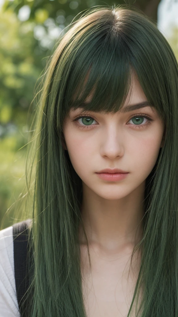 a girl.  Europe.  Extremely detailed face.  Oval face.  delicate facial features.  half-closed eyes.  long straight hair.  messy hair.  bangs.  green hair.  green eyes.  angry.  shy.  straight face