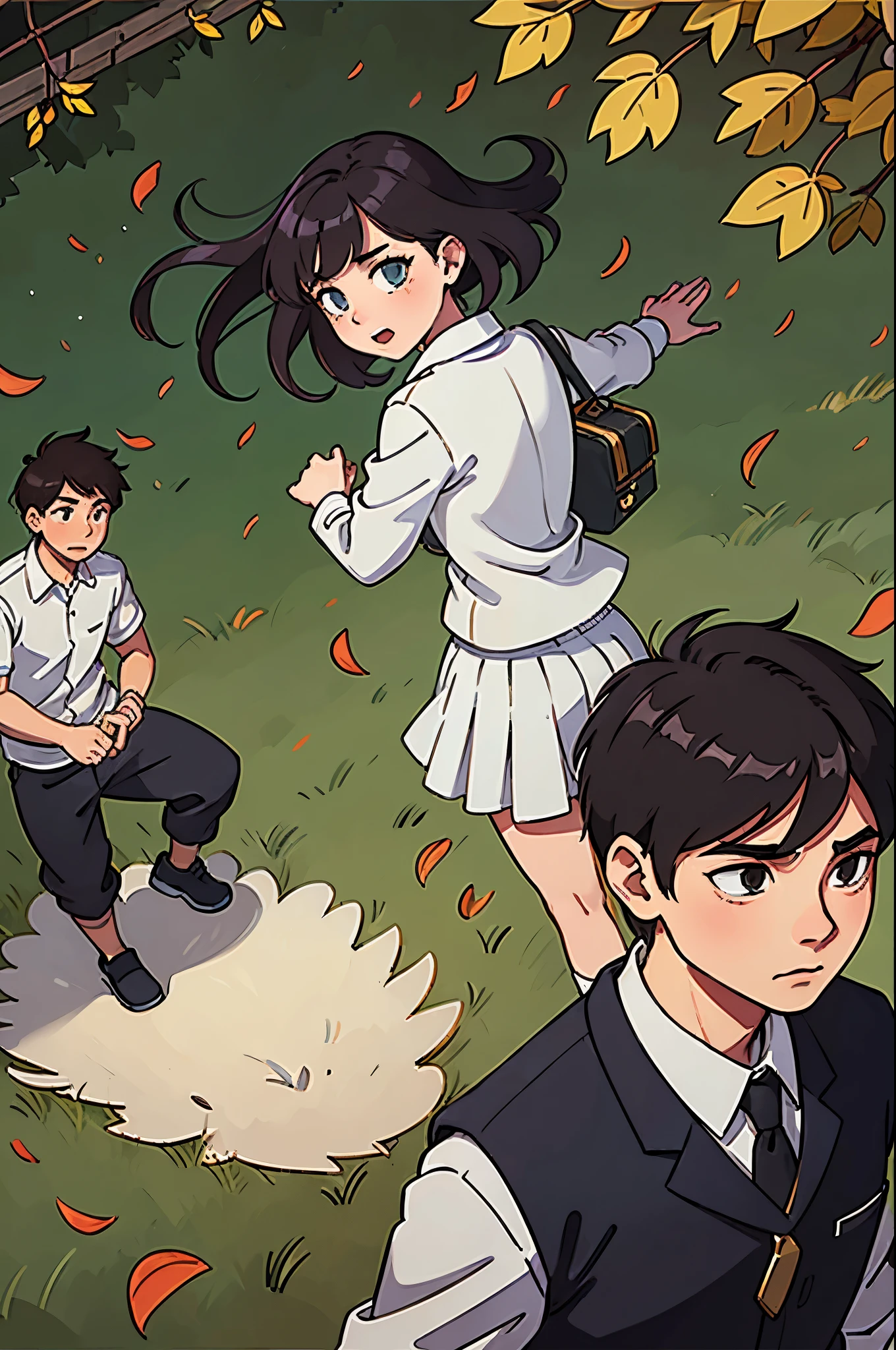 A high school boy and girl is standing back to back in front of a school and there are leaves floating around them as the girl is trying to catch one of the leaves and boy is just standng there nonchalant