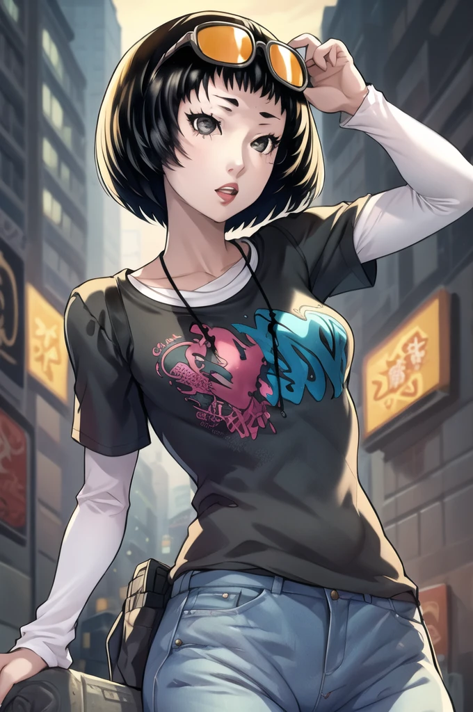 masterpiece, best quality, absurdres, 1girl, solo, OhyaIchiko, short hair, bob cut, eyewear on head, black t-shirt, layered sleeves, jeans, 