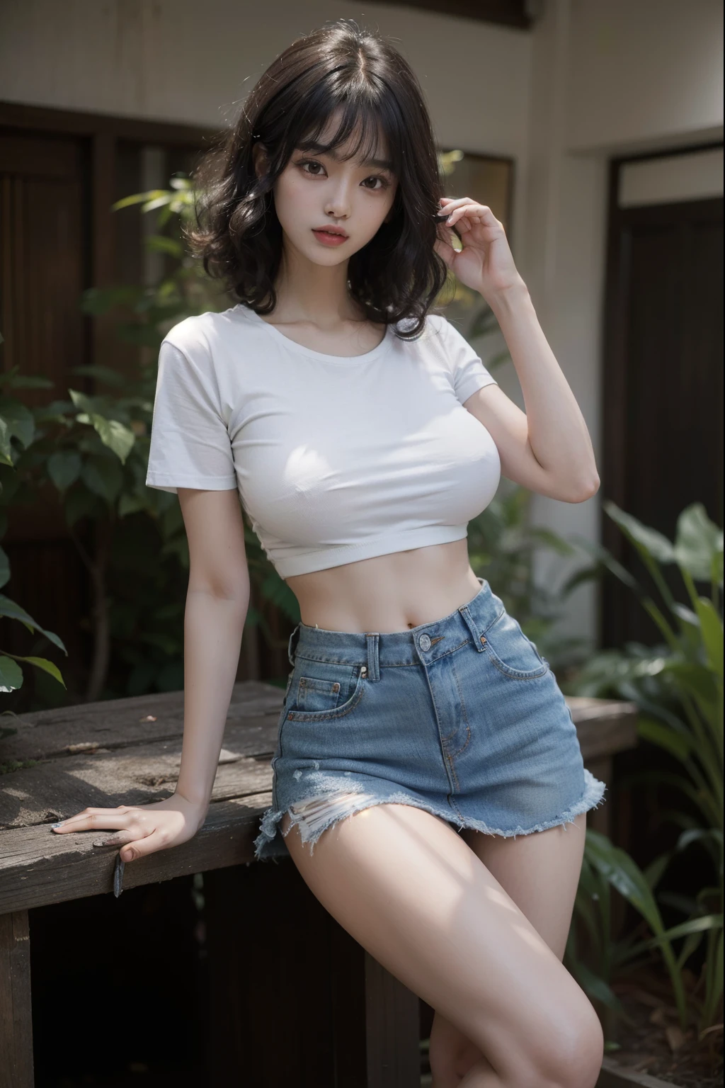 arafed asian woman denim skirt and tight tshirt posing for a picture, photo of slim girl model, extremely thin waistline, long sultry body with sexy belly, 2 4 old female model, ((huge breasts|tight white tshirt)), ((tiny denim miniskirt)), beautiful alluring teen, model with attractive body, gorgeous young korean woman, gorgeous young model, young sensual graceful, gorgeous chinese model, ((curly bangs)), ((very dark short hair)), ((black hair in a rough shag)), wavy hair, (masterpiece:1.3), high resolution