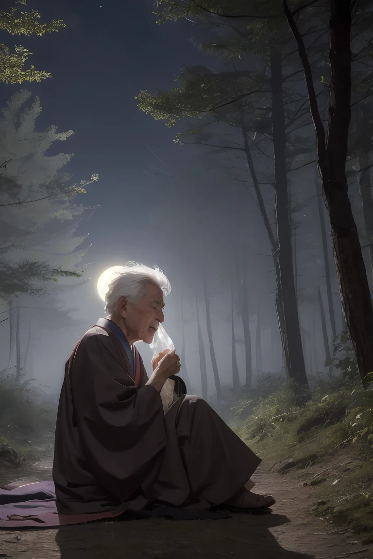 Japanese yokai Konaki-jiji (Child-crying Old Man), an elderly man with wrinkled face and white hair, wearing a traditional Japanese straw raincoat (mino) and hat (kasa). He has a hunched posture and is sitting on a dark, misty forest path at night. The yokai is crying like a baby, with tears streaming down his face. His mouth is open, emitting an eerie, infant-like wail. The atmosphere is spooky and mysterious, with a full moon partially visible through the trees.
