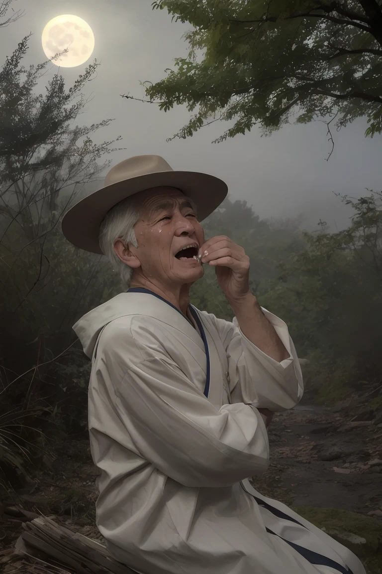 Japanese yokai Konaki-jiji (Child-crying Old Man), an elderly man with wrinkled face and white hair, wearing a traditional Japanese straw raincoat (mino) and hat (kasa). He has a hunched posture and is sitting on a dark, misty forest path at night. The yokai is crying like a baby, with tears streaming down his face. His mouth is open, emitting an eerie, infant-like wail. The atmosphere is spooky and mysterious, with a full moon partially visible through the trees.