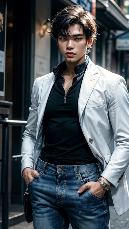 solo , 1man , thai man , white jacket , blue shirt with collar , black jeans