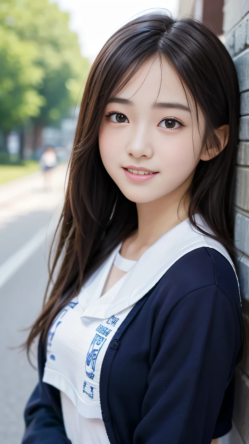 Masterpiece、Best Quality、Illustration、 Super detailed、Fine details、 High resolution、8K Denden Wallpaper、Perfect dynamic composition、A cute 15-year-old junior high school girl、Sweet girl、Detailed beautiful face、Detailed cute eyes、Textured skin、A modest smile、Small breasts、School Sailor Uniform、