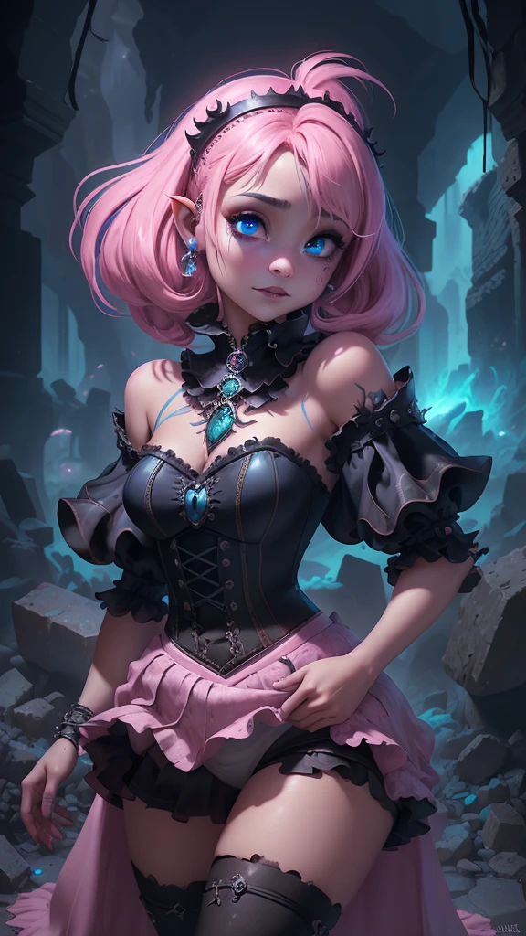 (La mejor calidad,A high resolution,Ultra - detallado,actual),Ariana Grande, (in the style of Tim Burton:1.4) , (mini skirt pink gothic :1.4) , (a hyper realism gothic anime girl:1.4) , (a punk rock creature:1.4) , cheeks flushed with colour, dark lips slightly parted, High cheekbones, surrounded by flecks of electrical sparks, (make up), high contrast, (better lighting, an extremely created and beautiful), (cinematic light), showy,,(Ruined dungeon ruins background:1.4 ), epic fantasy art style hd, 4K fantasy art, epic fantasy digital art style, epic fantasy art style, Fantasy Woman, epic fantasy art portrait, Epic fantasy style, hyperrealistic fantasy art, hd fantasy art, epic fantasy character art, epic fantasy art, in style of dark fantasy art, epic fantasy digital art,( cowboy pose :1.4), ,(Ruined dungeon ruins background caverna cueva pasillo :1.4 ), (detailed perfect anatomy :V2.1), (face detailed :1.4), (cinematic lighting :1.4), (bright colors neón ), (beautiful eyes detailed perfect :1.4), (skirt lifted by itself: 1.1), (skirt lift: 1.3), (showing white panties: 1.3), (Ariana Grande :1.4), More detailed 8K.motor irreal:1.4,UHD,La mejor calidad:1.4, fotorrealista:1.4, textura de la piel:1.4, obra maestra:1.8,obra-prima, mejor calidad,objeto Objeto], (detailed face features:1.3),(Las proporciones correctas),(Ojos hermosos azules:1.4 ),  (pose vaquero)