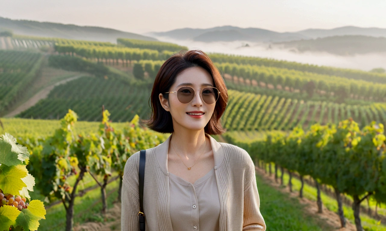Intentional quality, In 8K, 32K, Photo of a beautiful 36-year-old Korean woman, short medium hair, Inspired by Son Ye-jin, whole body, face focus, Shirt that goes up to the neck and a short cardigan from a luxury brand, beige casual pants, Italian countryside vineyard background, Ranged、make a happy face, 새벽 진한 한개속 The cathedral is visible in the distance, There is thick fog, path, looking up the side, Wear a shirt that covers your chest, The cathedral is visible in the distance, Photo of endless vineyard scenery, look up the side. thick dawn fog, Well-groomed hair, Photo of an elegant and modest woman, Endless vineyards, Vivid picture quality, Clear picture quality, 언덕 위 path, 1 woman, colonnade가 있는 휘어진 path 언덕에서 바라본다. colonnade, The waist area is visible. 휘어진 path에 서있다, colonnade가 있는 어덕길에 서있다. Luxury brand large horn rimmed sunglasses, Sunglasses details, Sunglasses are the same size on both sides, Looking down on the vineyard from the hill, The cathedral is visible in the distance, 캐논 16-35 광각렌즈로 whole body샷, 휘어진 path