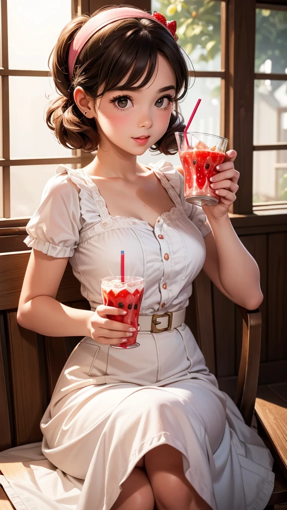 (Highest quality), (Perfect Face), (Attention to detail), (One girl), (close), (head shot), Cute 1950s girl drinking strawberry shake through a large straw, Sit down to a 50's dinner, High resolution,4K, 3d