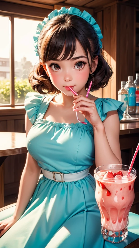 (Highest quality), (Perfect Face), (Attention to detail), (One girl), (close), (head shot), Cute 1950s girl drinking strawberry shake through a large straw, Sit down to a 50's dinner, High resolution,4K, 3d