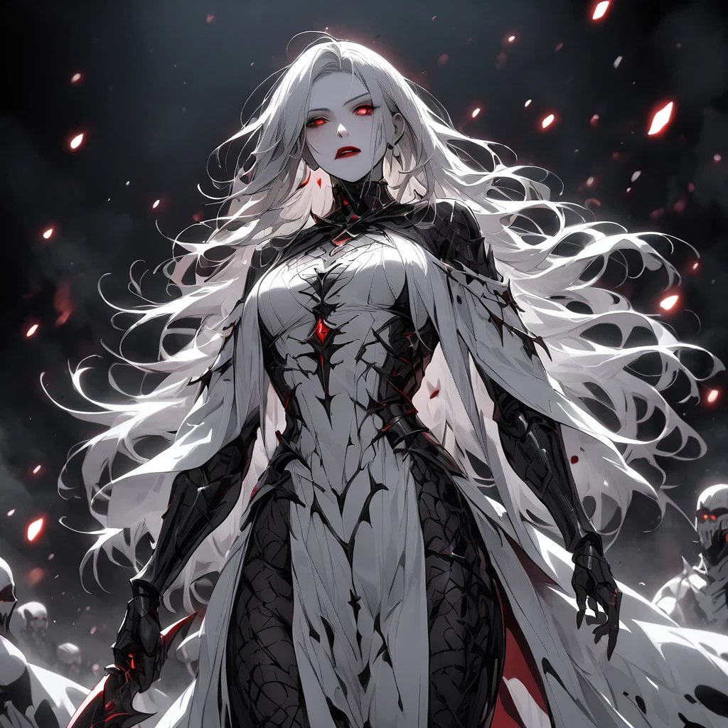 highest quality、masterpiece、1 girl、black background、gray hair:1.5、red eyes、red lips、white clothes、Black and white world、Black and white world、pale skin、side blade, albino skin, evil sorceress cyborg dancing over corpses, wideshot view,