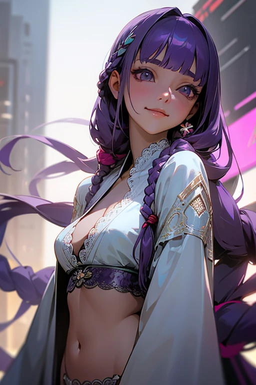 1 girl, Blunt bangs, Braiding, Wide sleeves, hair ornaments,Obi says, (Purple Hair:1.2), Very long hair, Straight hair, Looking at the audience, Highly detailed background, (Realistic:1.2), Beautiful Eyes, Red eyeshadow, Written boundary depth，thigh, (Urzan-6500:0.7), Upper Body, (alone:1.2), (Cyberpunk City:1.1), Cleavage,,Glowing Skin、(Navel exposed).((Face close-up))、((smile))、(look up)、(White lace outfit).