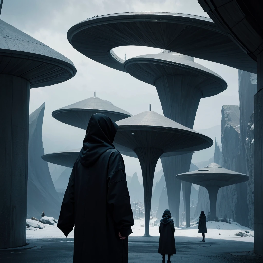 (Best Quality) Hooded people looking at the futuristic architecture of an alien civilization with dark color palette