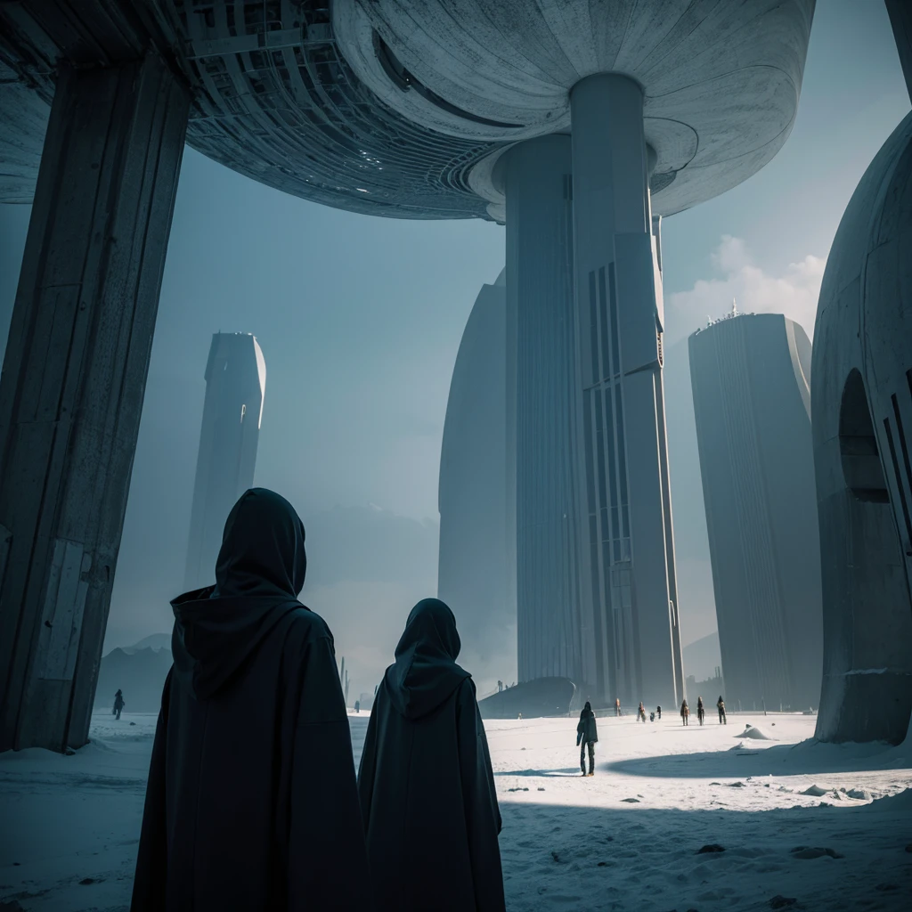 (Best Quality) Hooded people looking at the futuristic architecture of an alien civilization with dark color palette