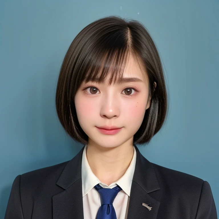 (kawaii 18 year-old Japanese girl, Nogizaka idol, Korean idol, highschool student), healthy female athlete body, (glossy black hair, very short hair, pixie cut, bangs:1.3), (rounded face, single eyelid, no makeup, serious expression:1.2), (wearing suit jacket, collared shirt, necktie:1.3), extra small breasts, (looking at viewer:1.2), BREAK, (simple blue background, yearbook background:1.3), (portrait, id photo, bust shot, view from vertically straight forward:1.3), BREAK, (masterpiece, best quality, photo realistic, official art:1.4), (UHD, 8K quality wallpaper, high resolution, raw photo, golden ratio:1.3), (shiny skin), professional lighting, physically based rendering, award winning, (highly detailed skin, extremely detailed face and eyes), Carl Zeiss 85 mm F/1.4, depth of field, 1girl, solo,