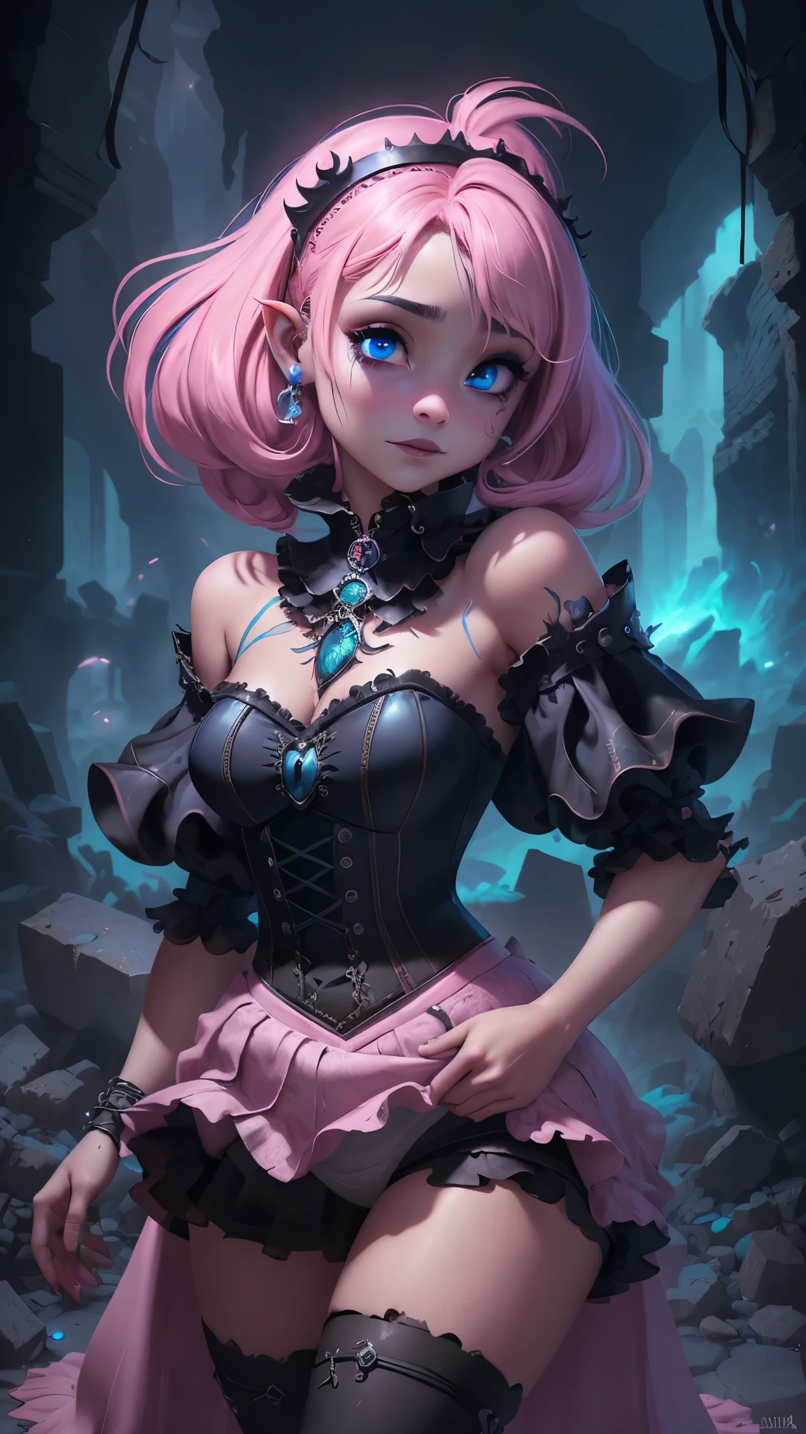 (La mejor calidad,A high resolution,Ultra - detallado,actual),Ariana Grande, (in the style of Tim Burton:1.4) , (mini skirt pink gothic :1.4) , (a hyper realism gothic anime girl:1.4) , (a punk rock creature:1.4) , cheeks flushed with colour, dark lips slightly parted, High cheekbones, surrounded by flecks of electrical sparks, (make up), high contrast, (better lighting, an extremely created and beautiful), (cinematic light), showy,,(Ruined dungeon ruins background:1.4 ), epic fantasy art style hd, 4K fantasy art, epic fantasy digital art style, epic fantasy art style, Fantasy Woman, epic fantasy art portrait, Epic fantasy style, hyperrealistic fantasy art, hd fantasy art, epic fantasy character art, epic fantasy art, in style of dark fantasy art, epic fantasy digital art,( cowboy pose :1.4), ,(Ruined dungeon ruins background caverna cueva pasillo :1.4 ), (detailed perfect anatomy :V2.1), (face detailed :1.4), (cinematic lighting :1.4), (bright colors neón ), (beautiful eyes detailed perfect :1.4), (skirt lifted by itself: 1.1), (skirt lift: 1.3), (showing white panties: 1.3), (Ariana Grande :1.4), More detailed 8K.motor irreal:1.4,UHD,La mejor calidad:1.4, fotorrealista:1.4, textura de la piel:1.4, obra maestra:1.8,obra-prima, mejor calidad,objeto Objeto], (detailed face features:1.3),(Las proporciones correctas),(Ojos hermosos azules:1.4 ),  (pose vaquero)