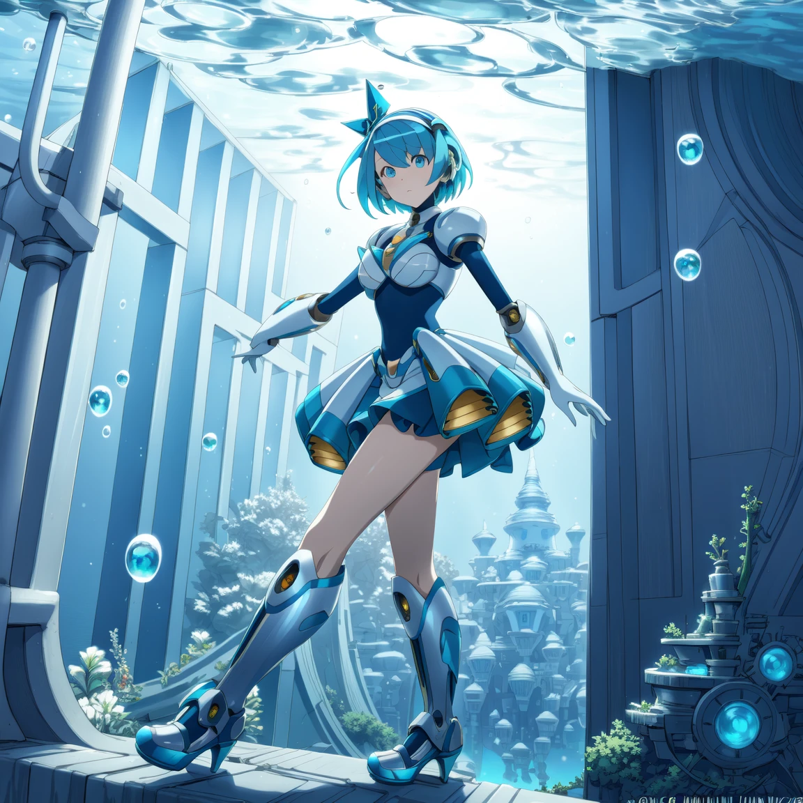 rico_megamanxdive, 1girl, solo, blue eyes, short hair, blue hair, android, high quality, masterpiece, standing in an underwater city with lots of bubbles, in the style of yuumei, intricate architectures, indigo, miniature illumination, daniel f. gerhartz